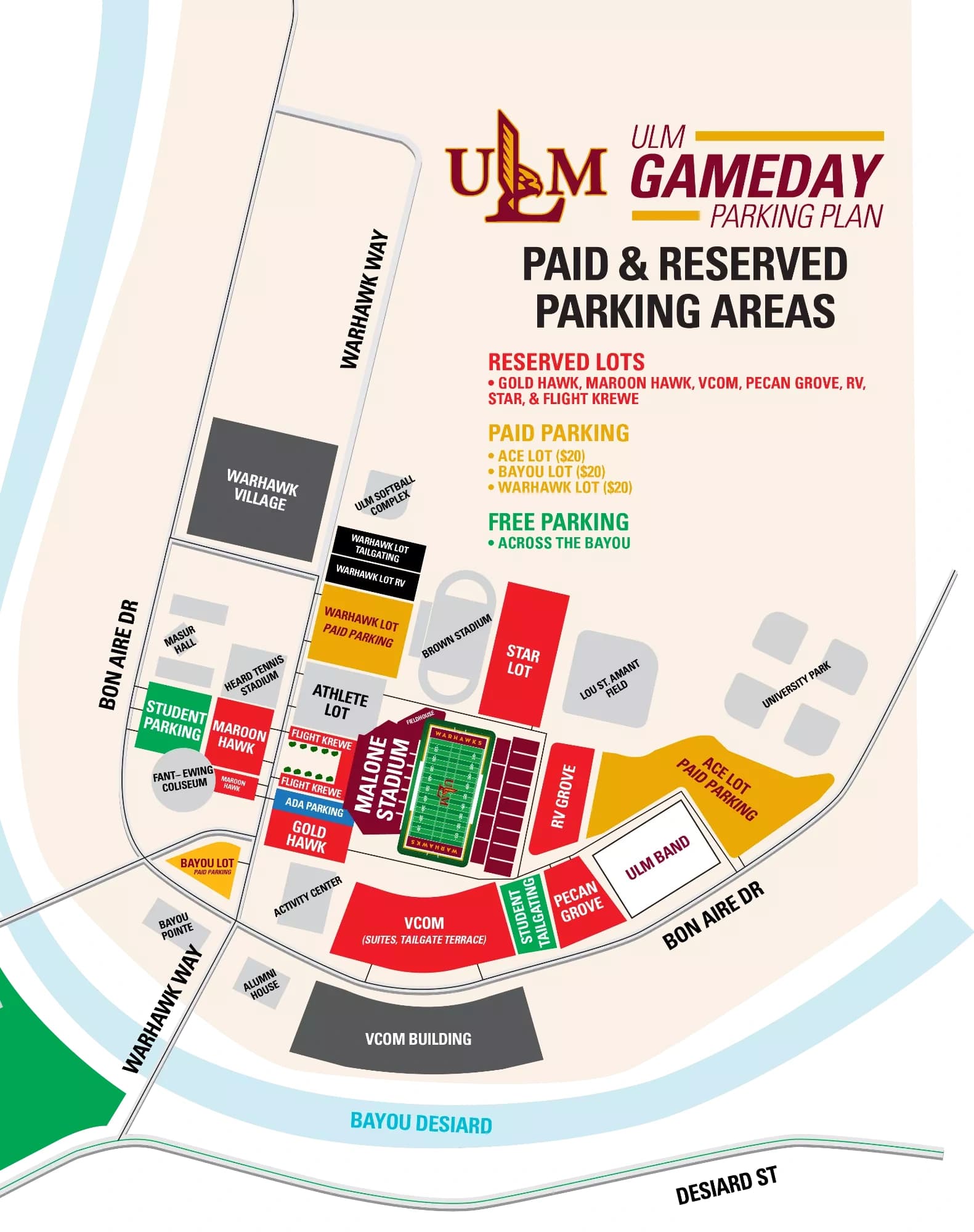 FMOL Health | St. Francis Stadium: Venue layout, Football paid, reserved and free parking — 2026. Use the original map for routes and visitor facilities.