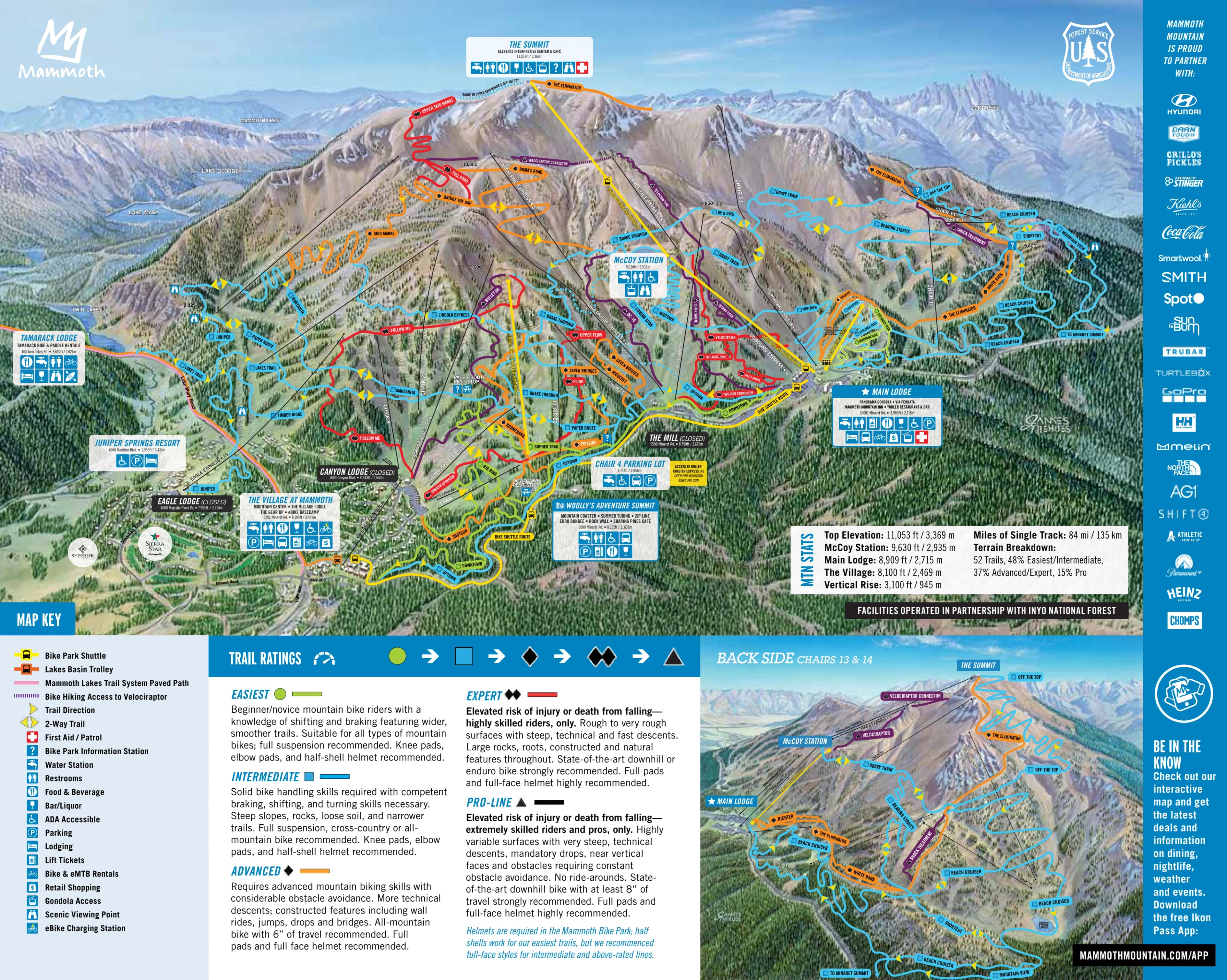 Mammoth Mountain Bike Park: Venue layout, 2026 bike-park trail map · full frontside and backside inset. Use the original map for routes and visitor facilities.