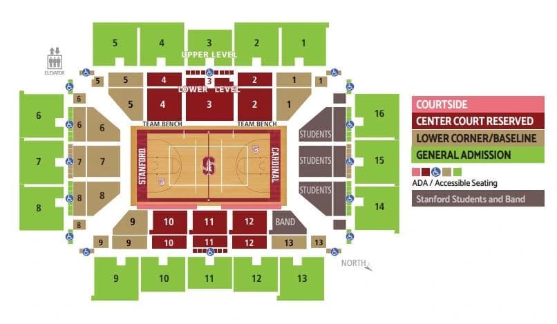 Maples Pavilion: Seating chart, Maples Pavilion — volleyball section overview, 2022 reference. Use the source chart for section and row details.