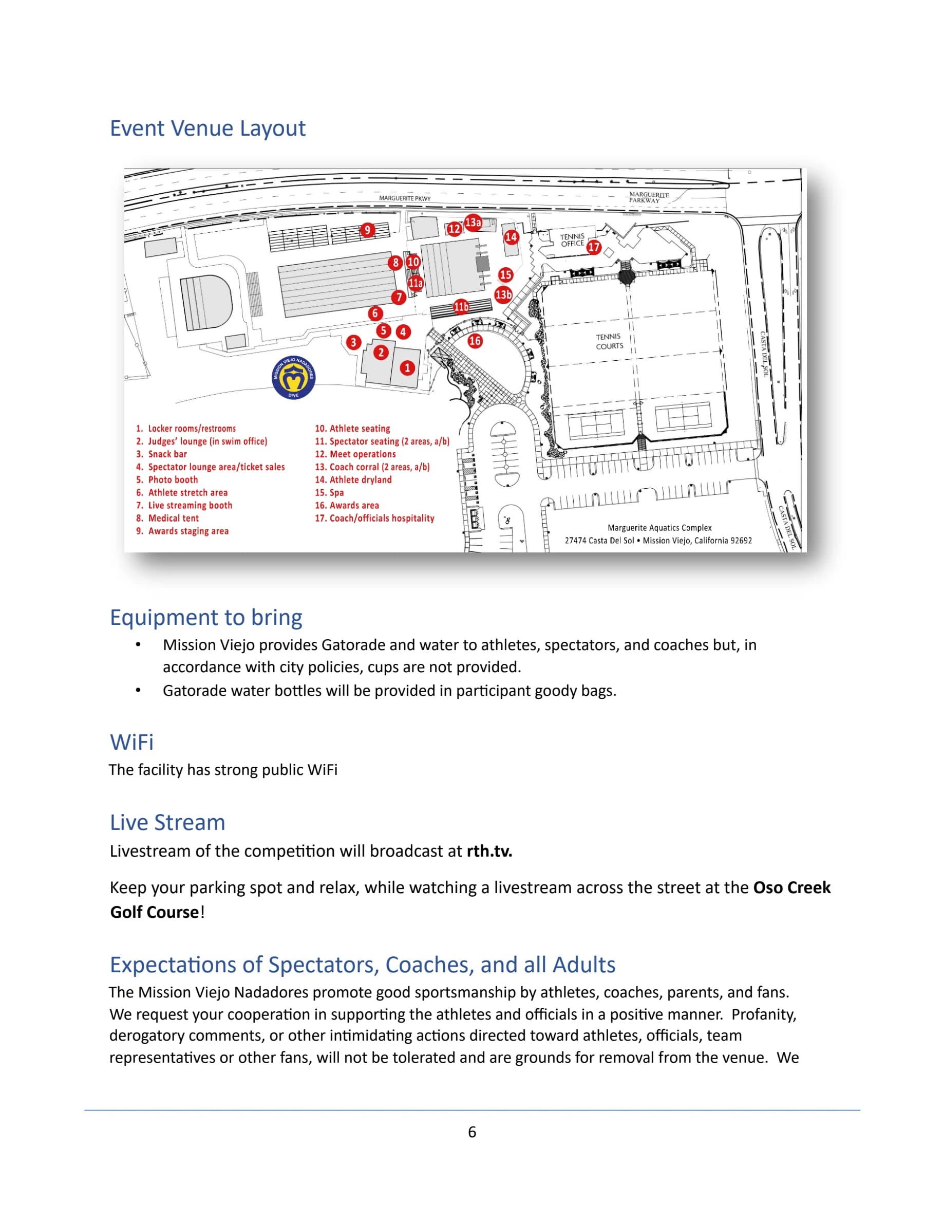 Marguerite Aquatics Complex: Venue layout, 2025 USA Diving Junior Nationals spectator and facility layout. Use the original map for routes and visitor facilities.