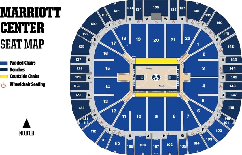 Marriott Center: Seating chart, Marriott Center — basketball sections and portal overview. Use the source chart for section and row details.