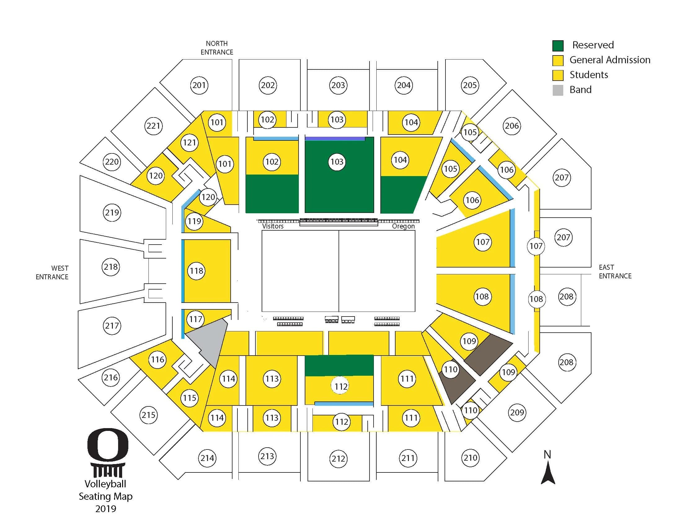 Matthew Knight Arena: Seating chart, Matthew Knight Arena — volleyball sections, 2019 reference. Use the source chart for section and row details.