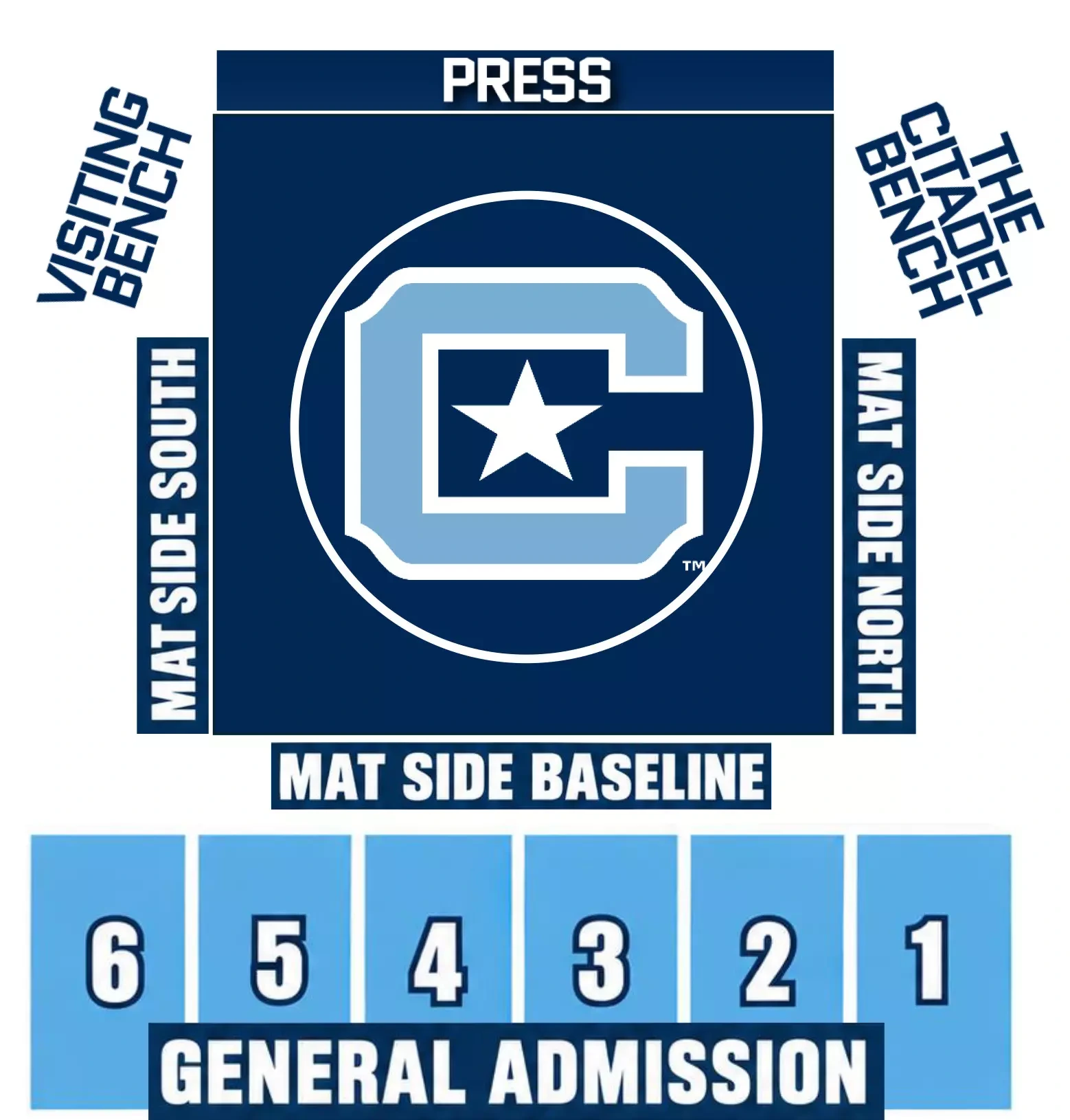 McAlister Field House: Seating chart, The Citadel wrestling — 2026 seating layout. Use the source chart for section and row details.