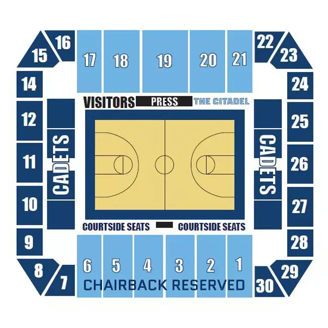McAlister Field House: Seating chart, Basketball. Use the source chart for section and row details.