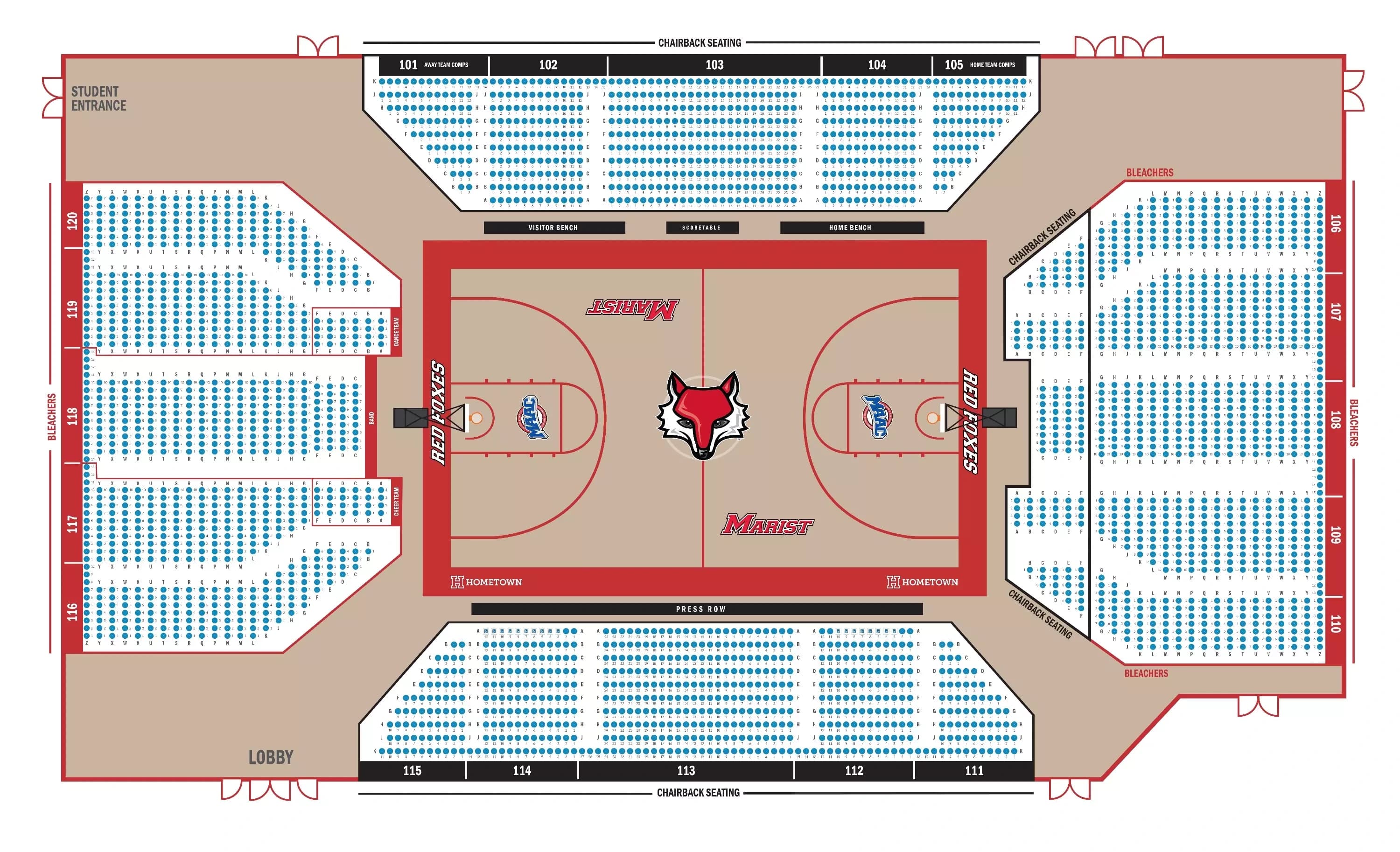 McCann Arena: Seating chart, McCann Arena — detailed basketball seating. Use the source chart for section and row details.