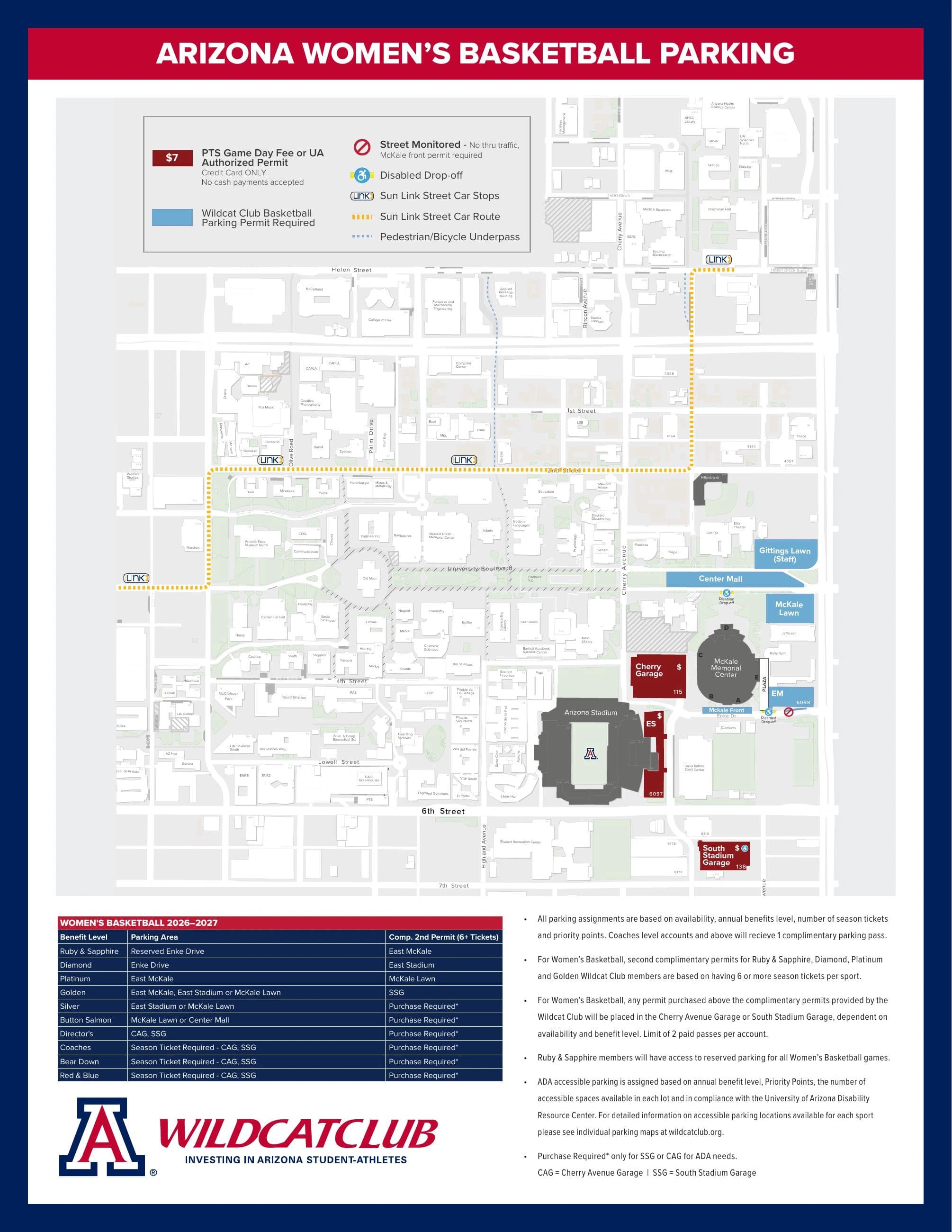 McKale Center at ALKEME Arena: Venue layout, 2026–27 Arizona women’s basketball parking and approaches. Use the original map for routes and visitor facilities.