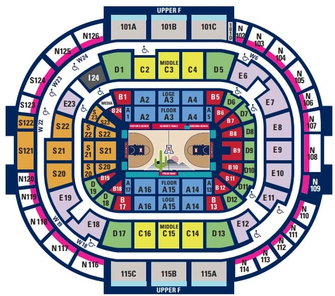 McKale Center at ALKEME Arena: Seating chart, McKale Center at ALKEME Arena — men’s basketball. Use the source chart for section and row details.