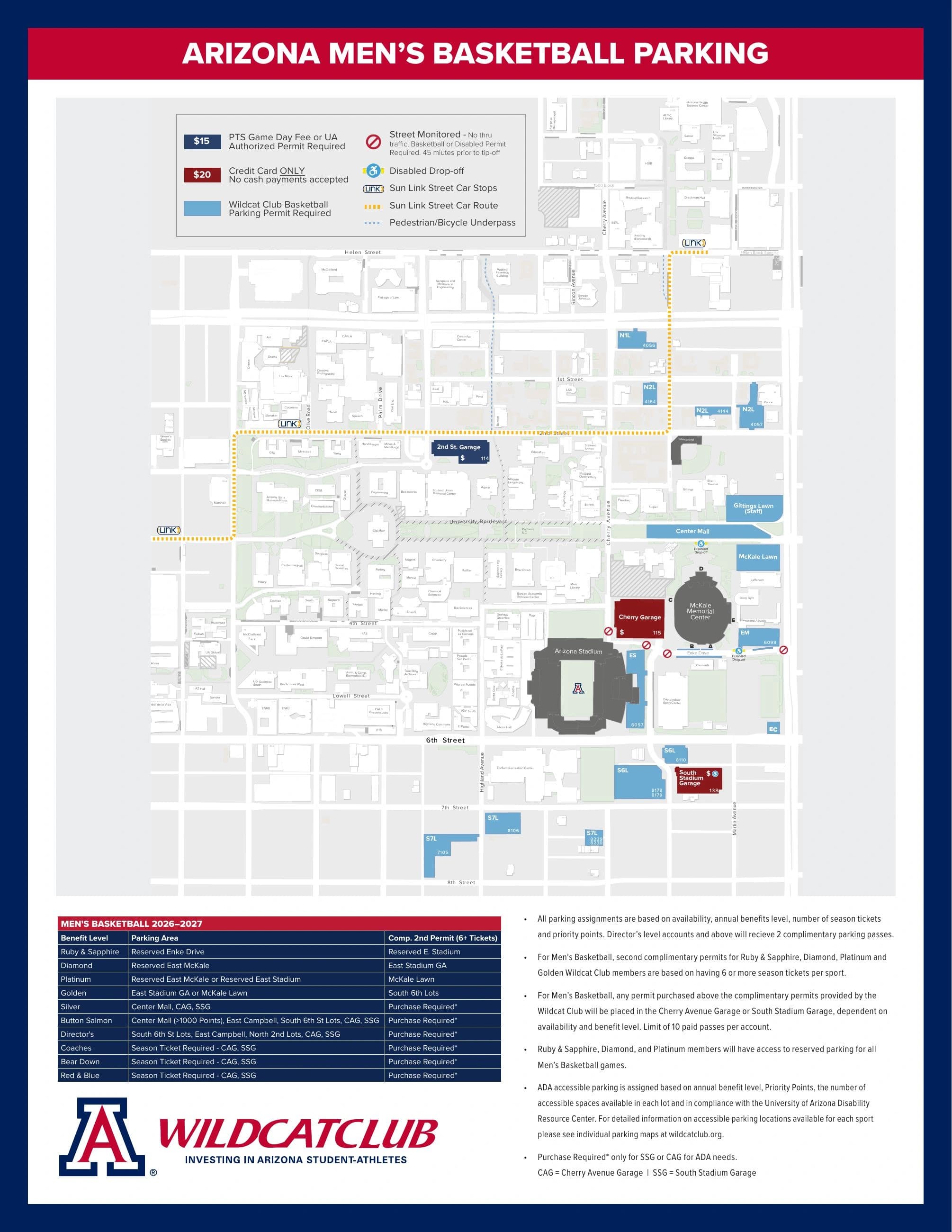 McKale Center at ALKEME Arena: Venue layout, 2026–27 Arizona men’s basketball parking, street controls and drop-offs. Use the original map for routes and visitor facilities.