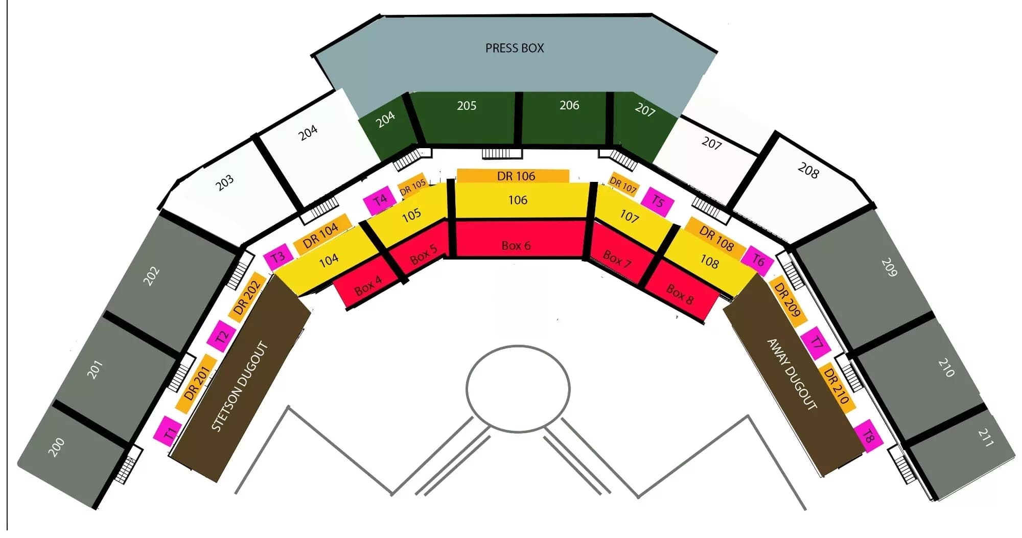Melching Field at Conrad Park: Seating chart, Melching Field — official 2023 numbered seating diagram. Use the source chart for section and row details.