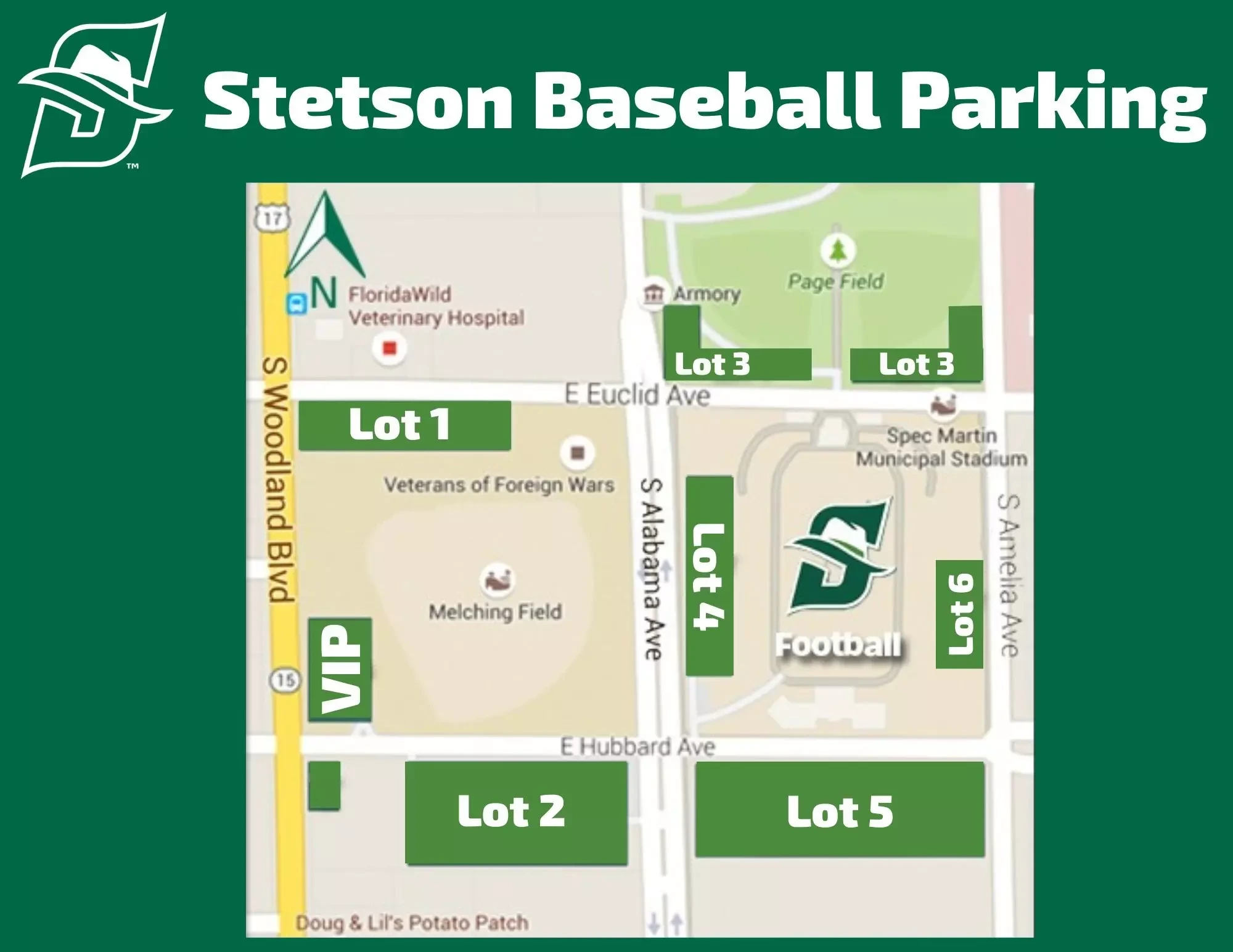 Melching Field at Conrad Park: Venue layout, Melching Field — official concurrent-event parking example from February 2025. Use the original map for routes and visitor facilities.