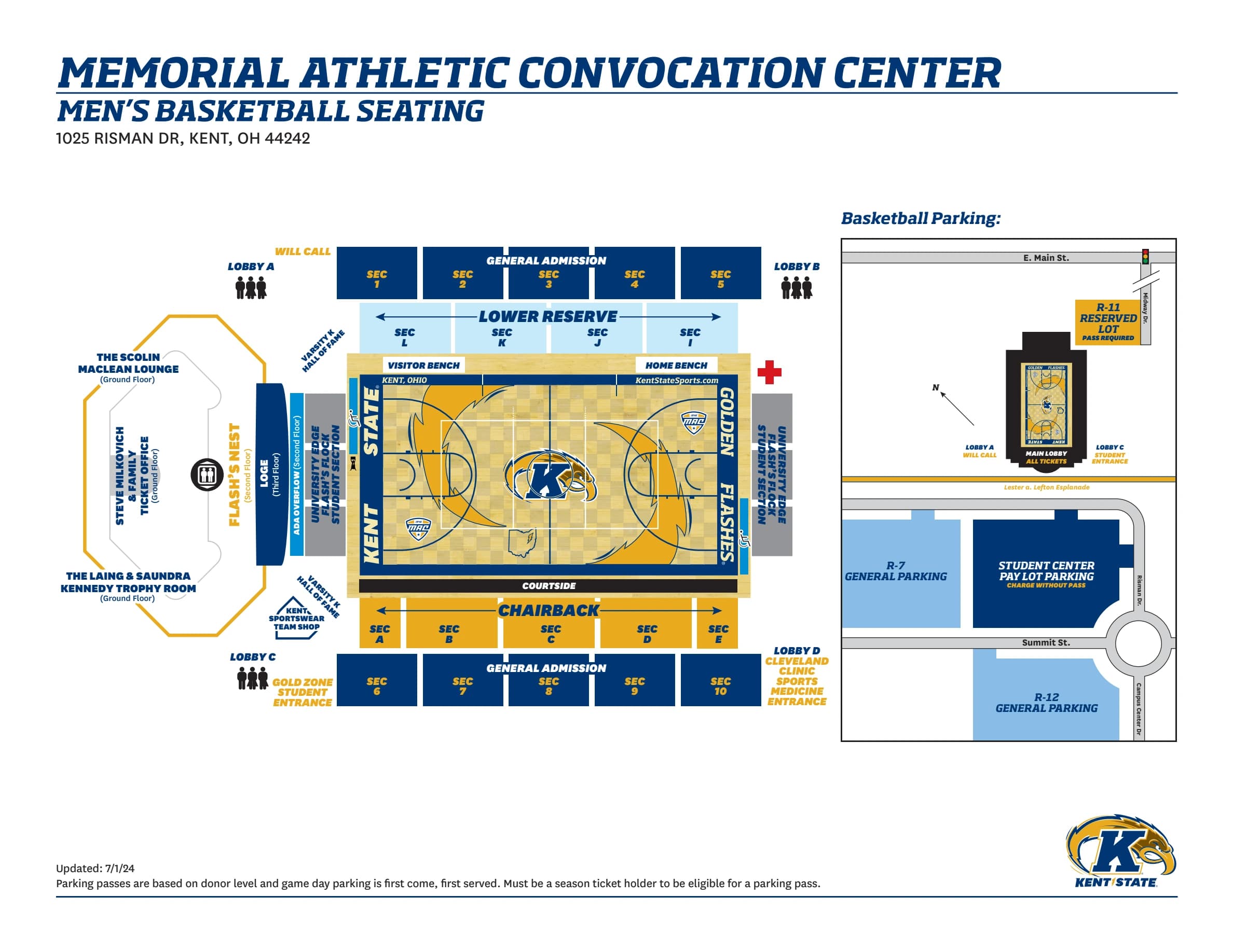 Memorial Athletic and Convocation Center: Seating chart, Kent State MAC Center — men’s basketball, concourse and parking. Use the source chart for section and row details.