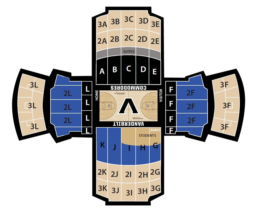 Memorial Gymnasium: Seating chart, Women’s basketball. Use the source chart for section and row details.
