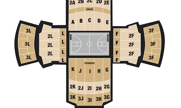 Memorial Gymnasium: Seating chart, Basketball seating sections, suites, and student areas. Use the source chart for section and row details.