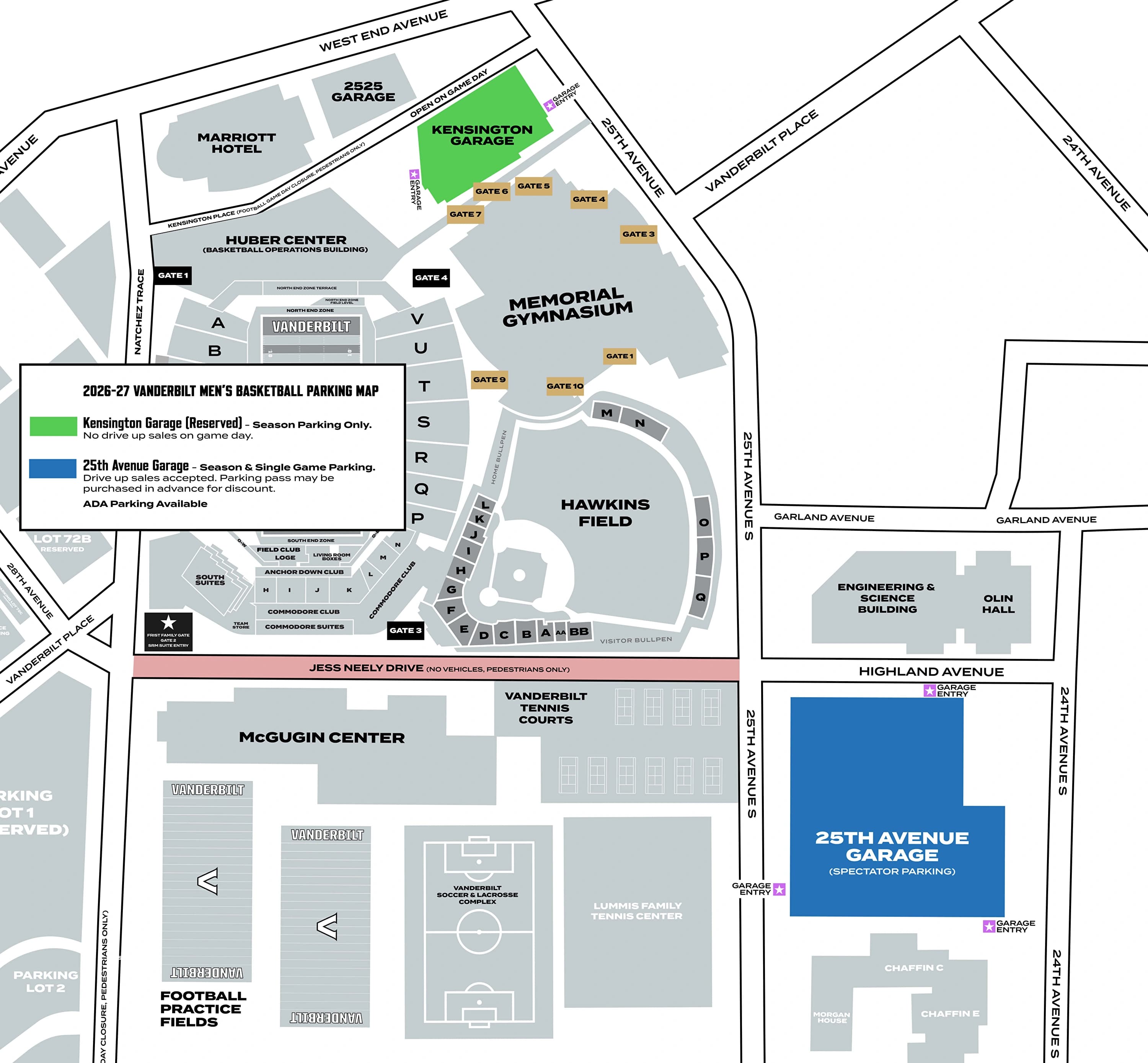 Memorial Gymnasium: Venue layout, 2026–27 Vanderbilt men’s basketball parking and garage approaches. Use the original map for routes and visitor facilities.