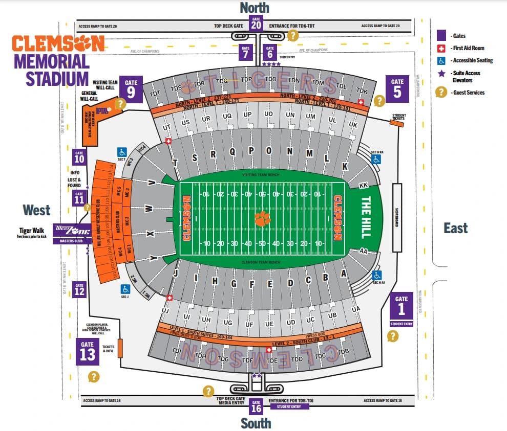 Clemson Memorial Stadium: Seating chart, Clemson Memorial Stadium — official-linked football section map. Use the source chart for section and row details.
