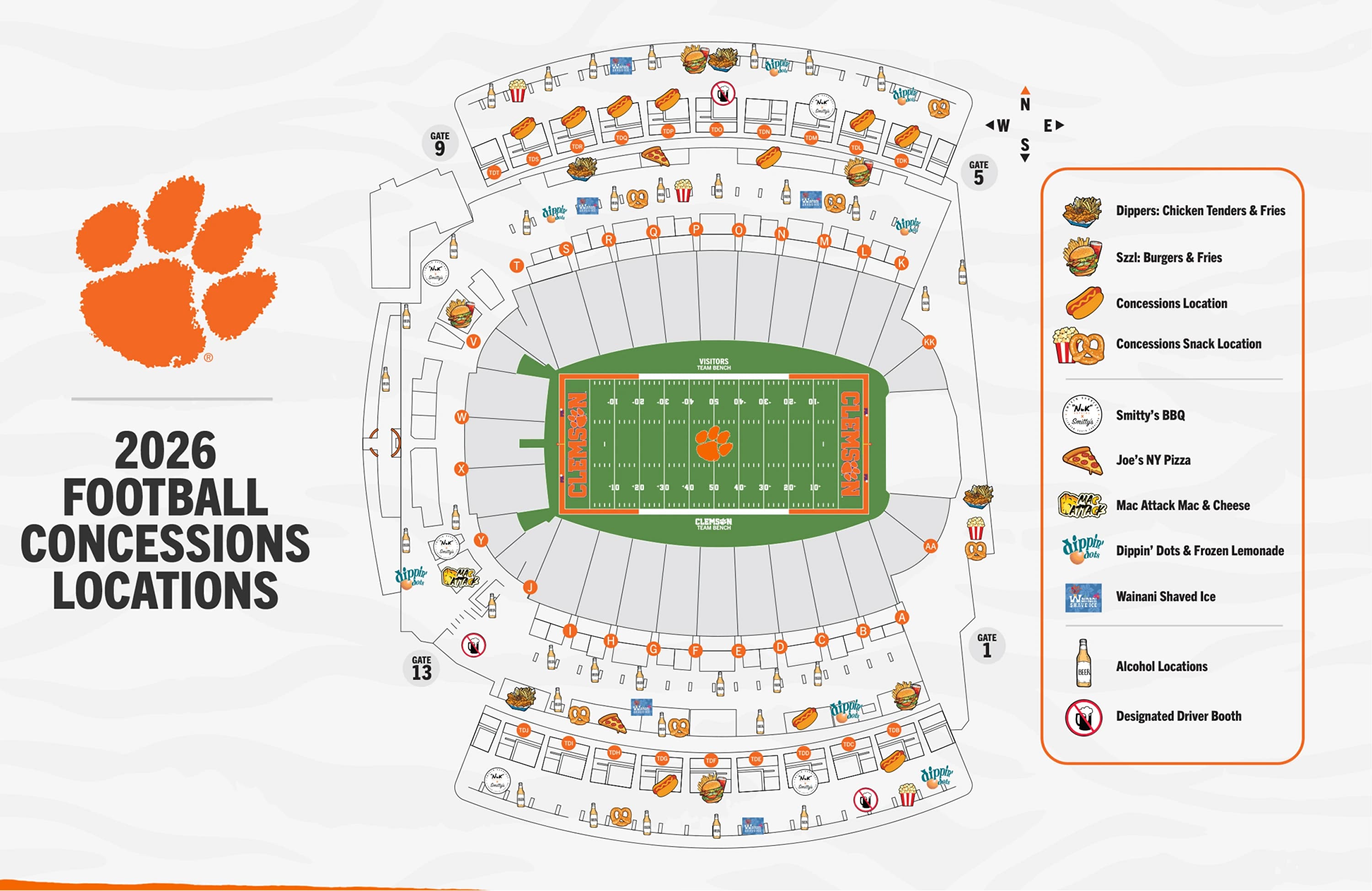 Clemson Memorial Stadium: Venue layout, Clemson Memorial Stadium — official 2026 concessions plan. Use the original map for routes and visitor facilities.