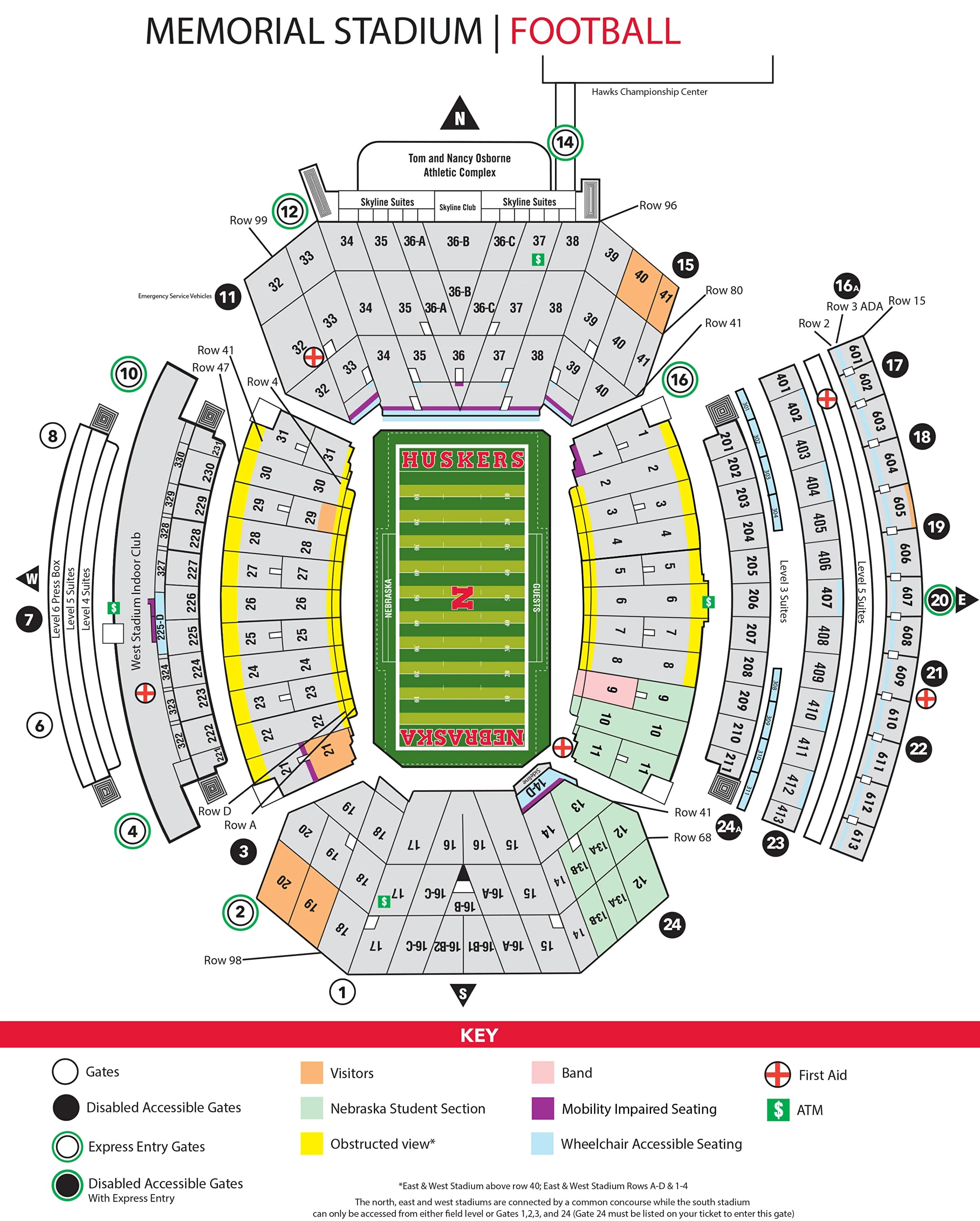 Nebraska Memorial Stadium: Seating chart, Memorial Stadium, Nebraska — official-linked football section reference. Use the source chart for section and row details.