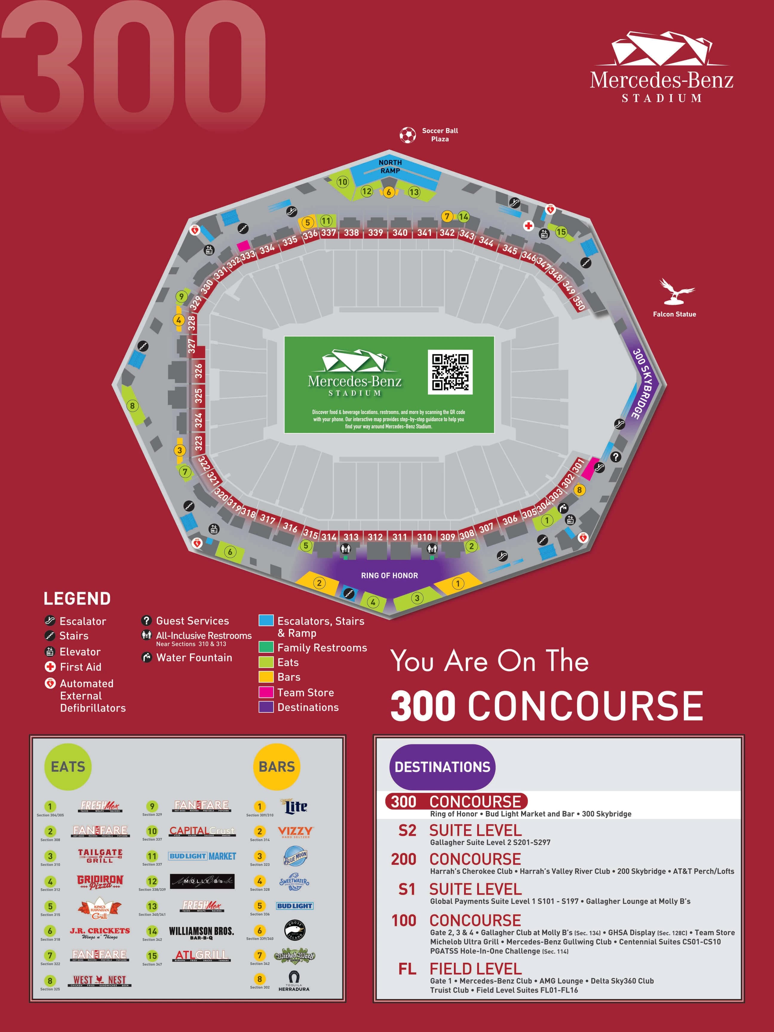 Mercedes-Benz Stadium: Venue layout, 300 concourse — sections and amenities. Use the original map for routes and visitor facilities.