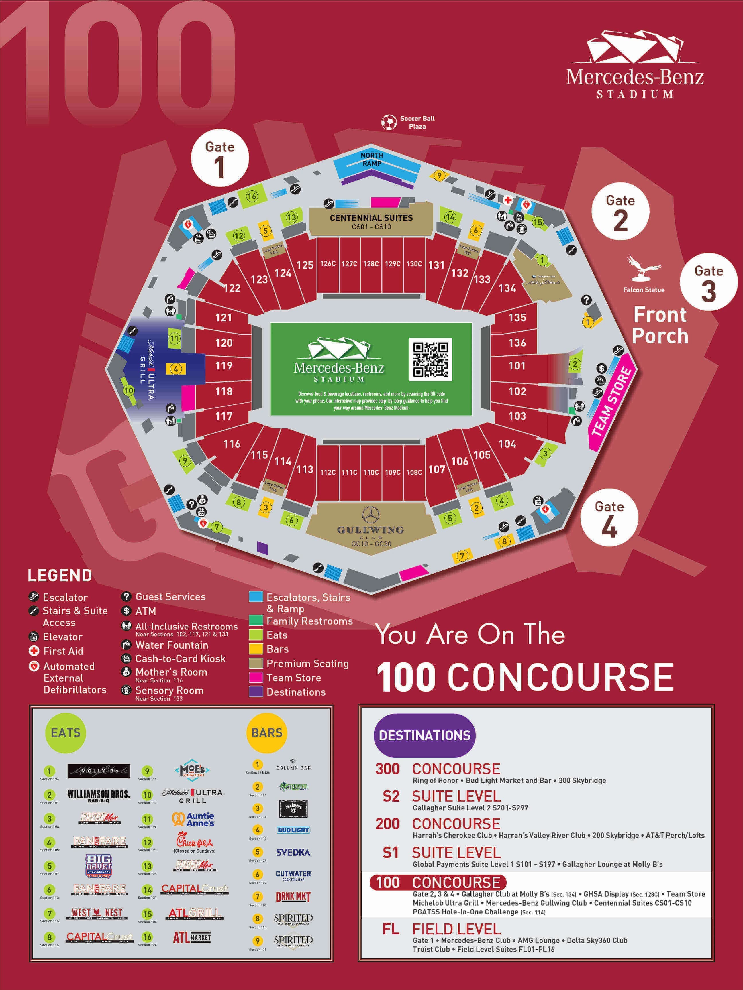 Mercedes-Benz Stadium: Venue layout, 100 concourse — sections, gates, and amenities. Use the original map for routes and visitor facilities.