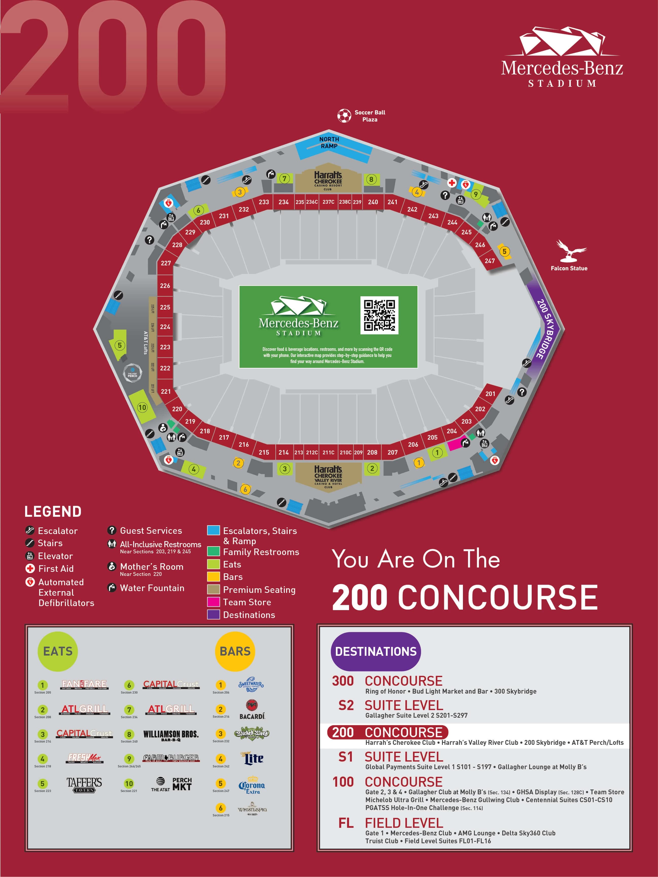 Mercedes-Benz Stadium: Venue layout, 200 concourse — sections and amenities. Use the original map for routes and visitor facilities.