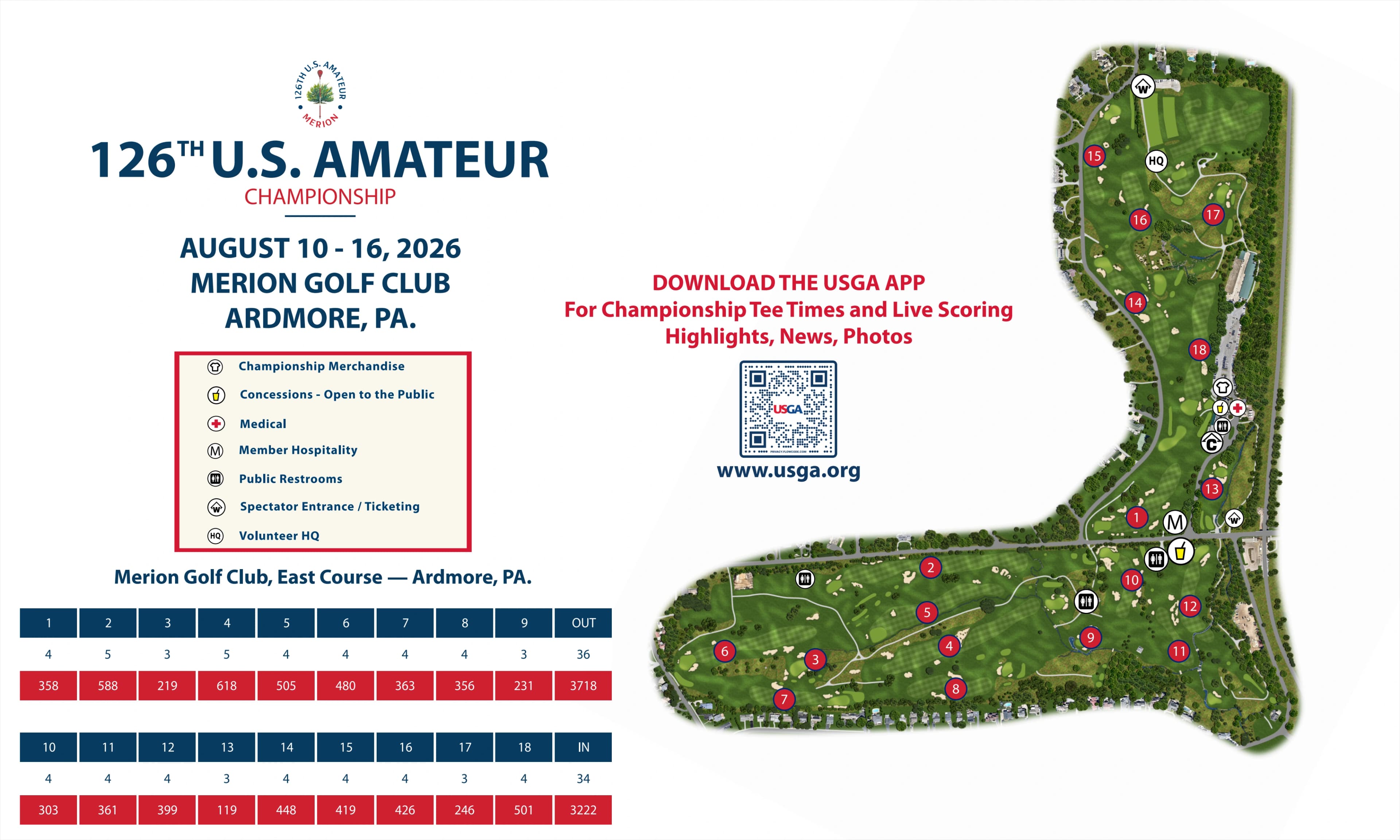 Merion Golf Club East Course: Venue layout, Merion East Course · August 2026 U.S. Amateur course and spectator reference. Use the original map for routes and visitor facilities.