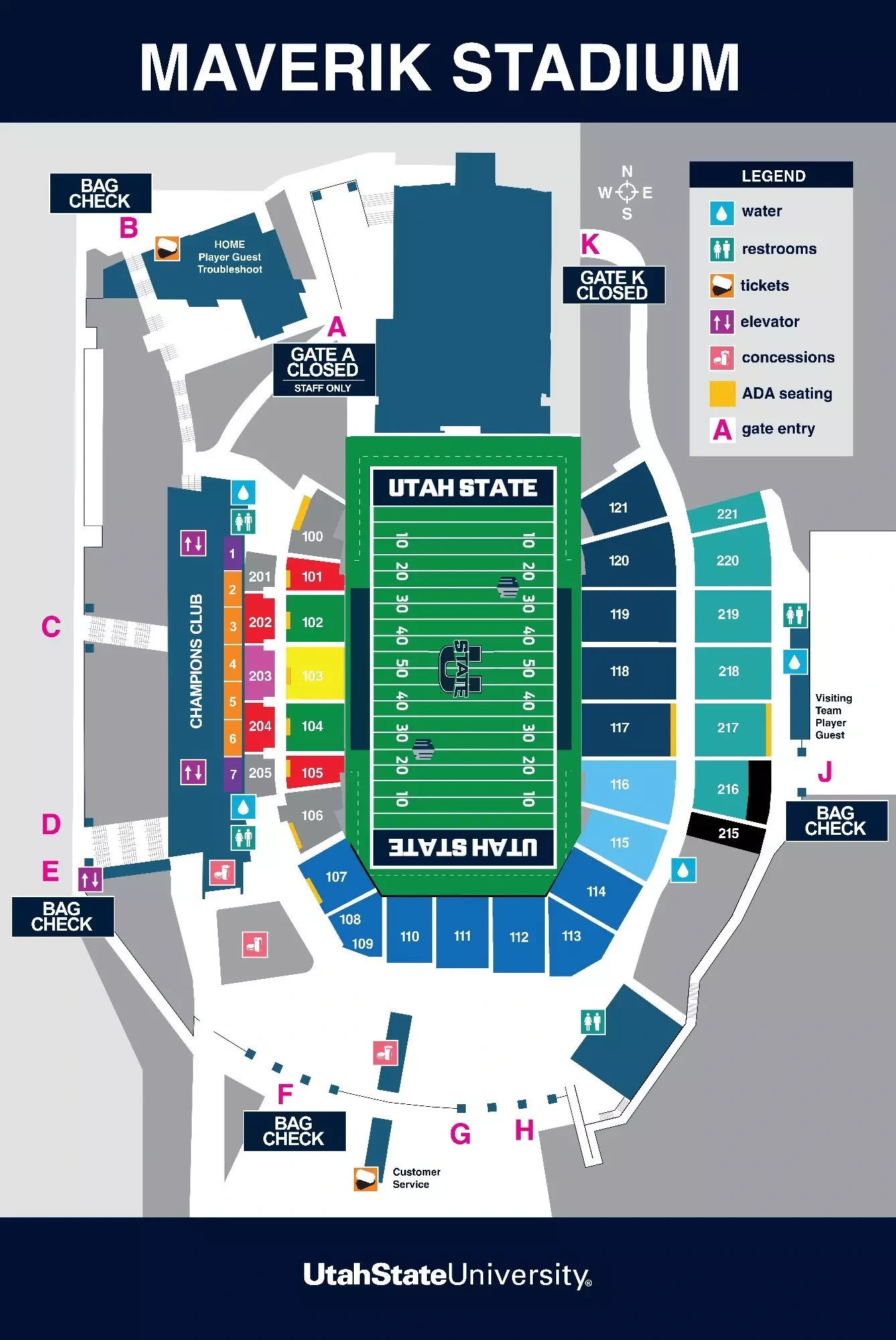Merlin Olsen Field at Maverik Stadium: Seating chart, Football sections, gates and amenities — owner-linked 2025 diagram. Use the source chart for section and row details.