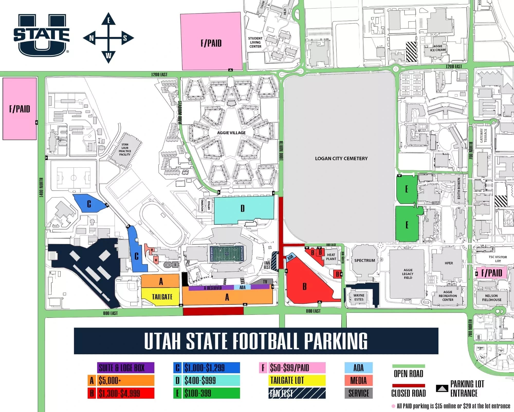 Merlin Olsen Field at Maverik Stadium: Venue layout, Football parking and road closures — 2026. Use the original map for routes and visitor facilities.