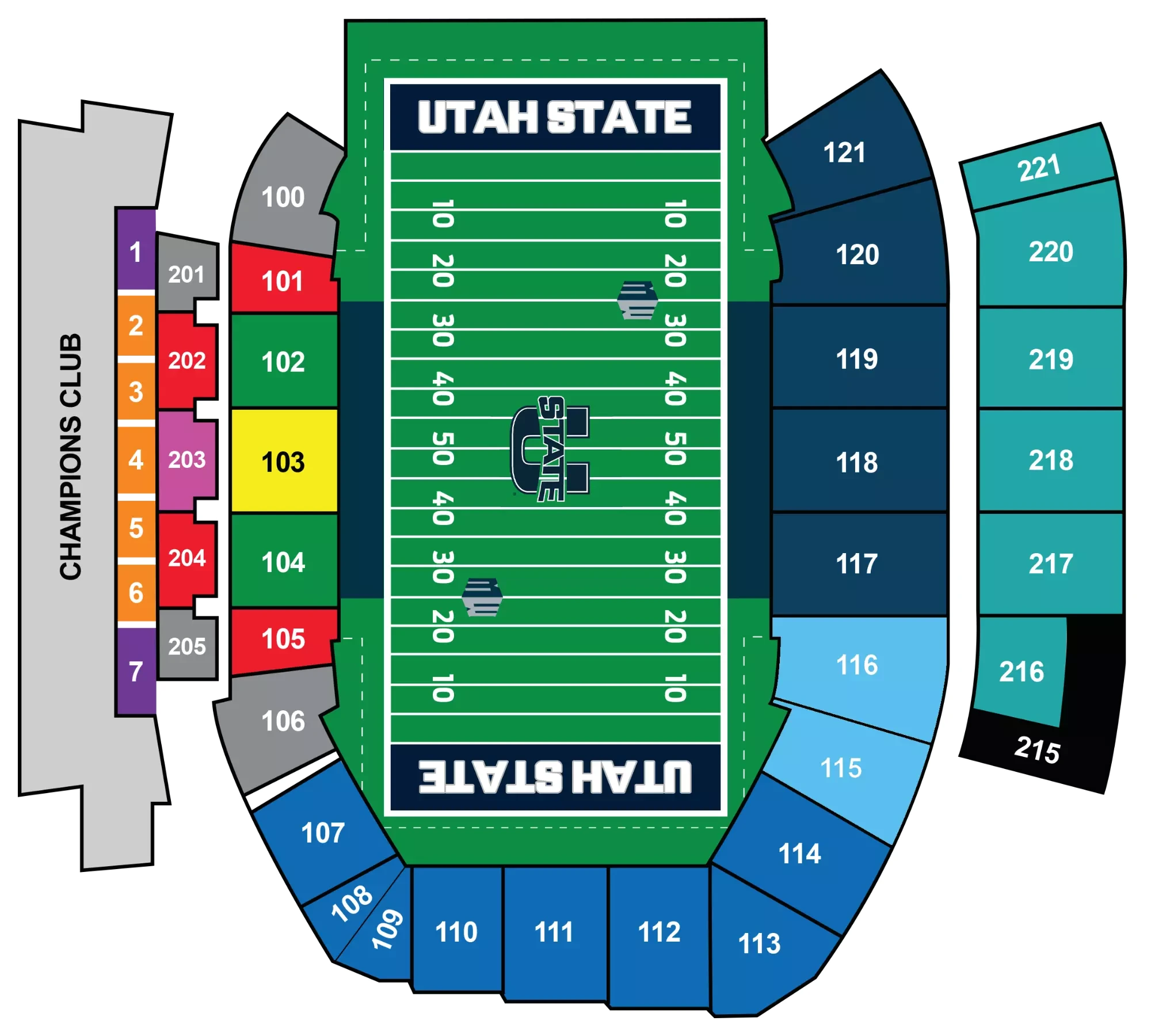 Merlin Olsen Field at Maverik Stadium: Seating chart, Football. Use the source chart for section and row details.