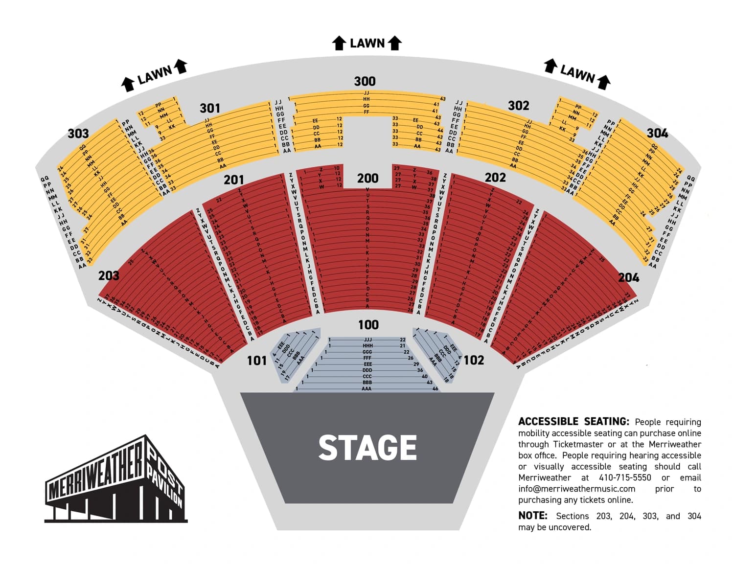 Merriweather Post Pavilion: Seating chart, Concert · seated floor. Use the source chart for section and row details.