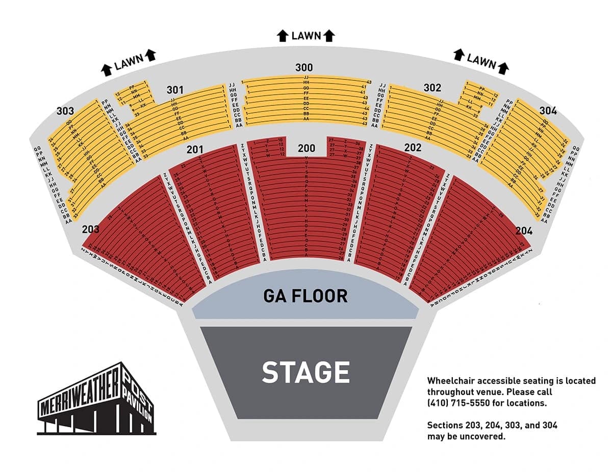 Merriweather Post Pavilion: Seating chart, Concert · general-admission floor. Use the source chart for section and row details.