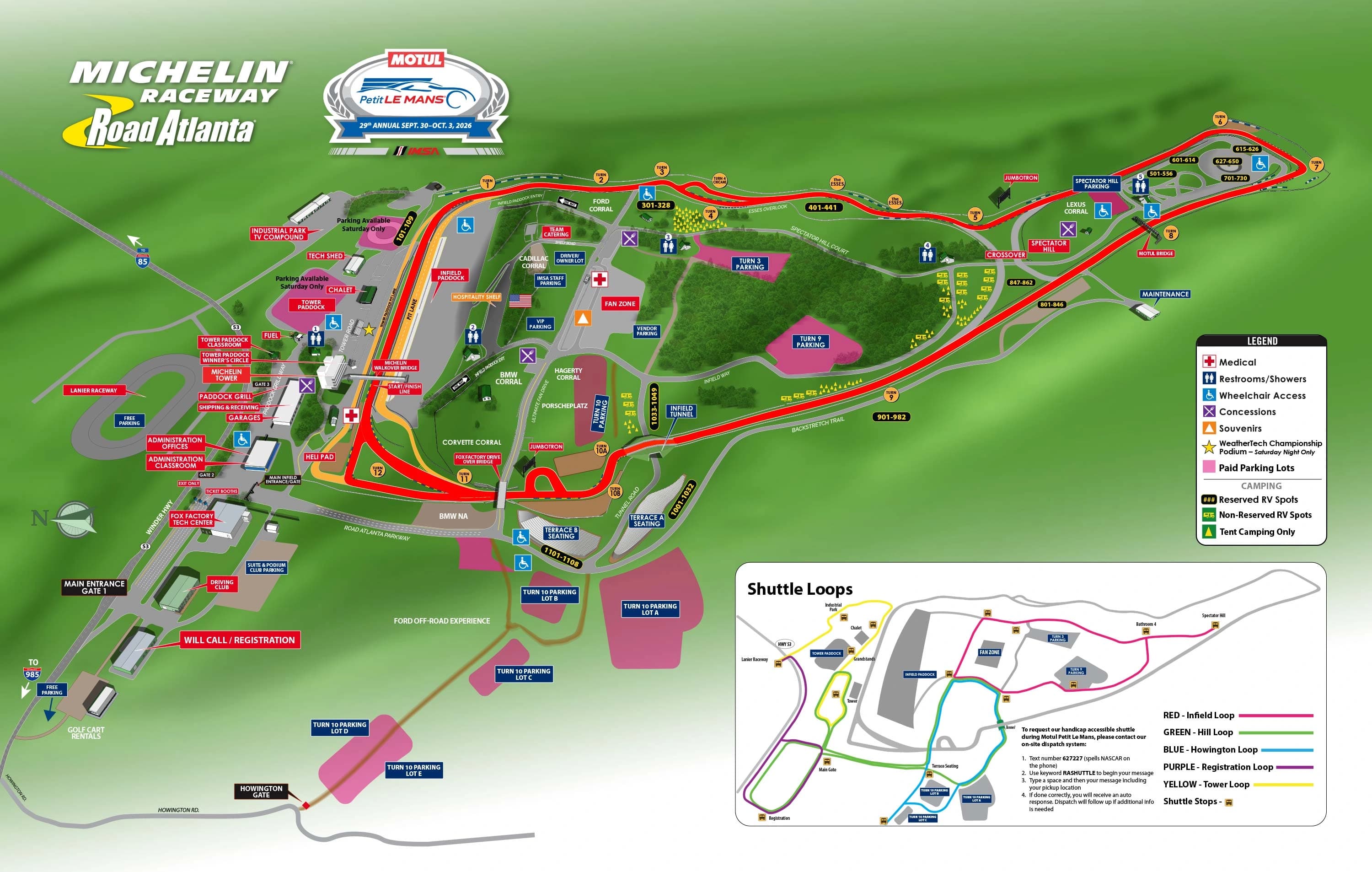 Michelin Raceway Road Atlanta: Venue layout, 2026 Motul Petit Le Mans · complete facility, camping and shuttle plan. Use the original map for routes and visitor facilities.