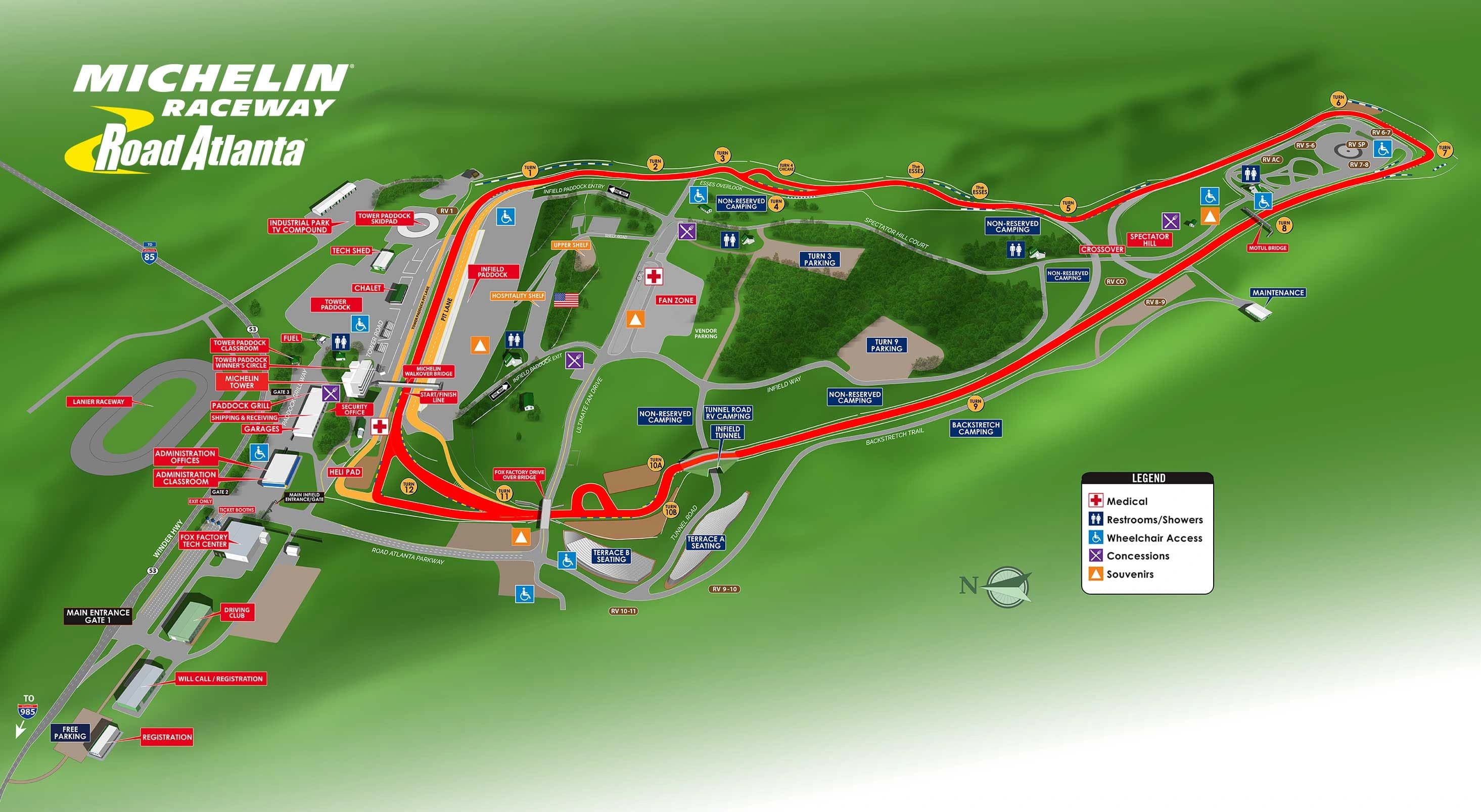 Michelin Raceway Road Atlanta: Venue layout, Road Atlanta · complete general facility and spectator-access plan. Use the original map for routes and visitor facilities.