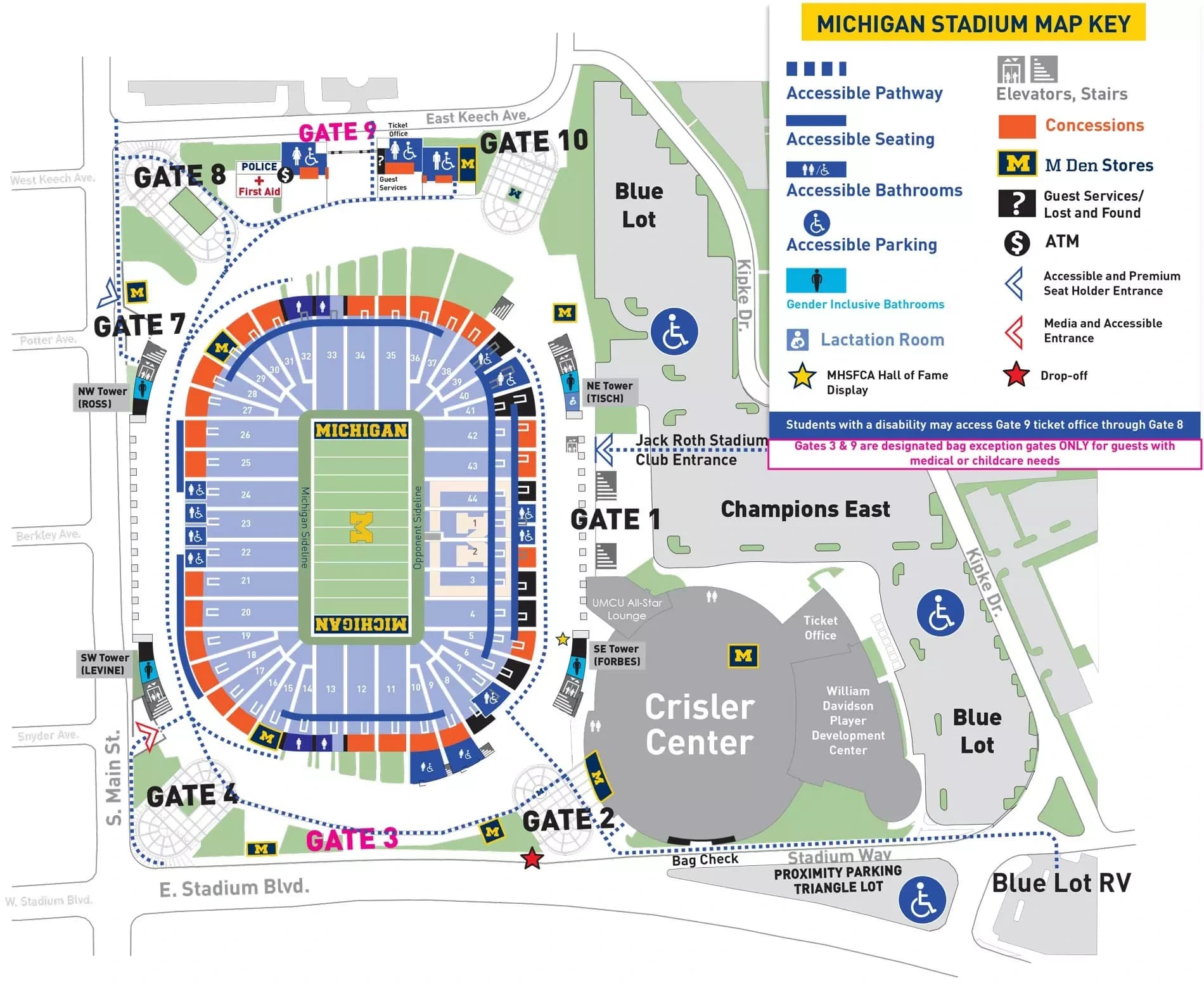Michigan Stadium: Seating chart, Michigan Stadium — official 2026 sections, gates and accessible routes. Use the source chart for section and row details.