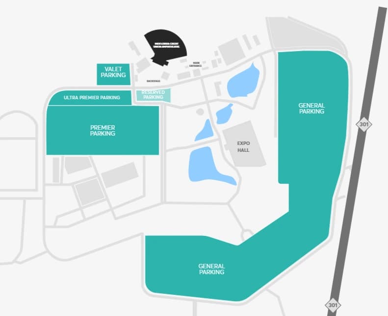 MIDFLORIDA Credit Union Amphitheatre: Venue layout, MIDFLORIDA Credit Union Amphitheatre — fairgrounds parking overview. Use the original map for routes and visitor facilities.