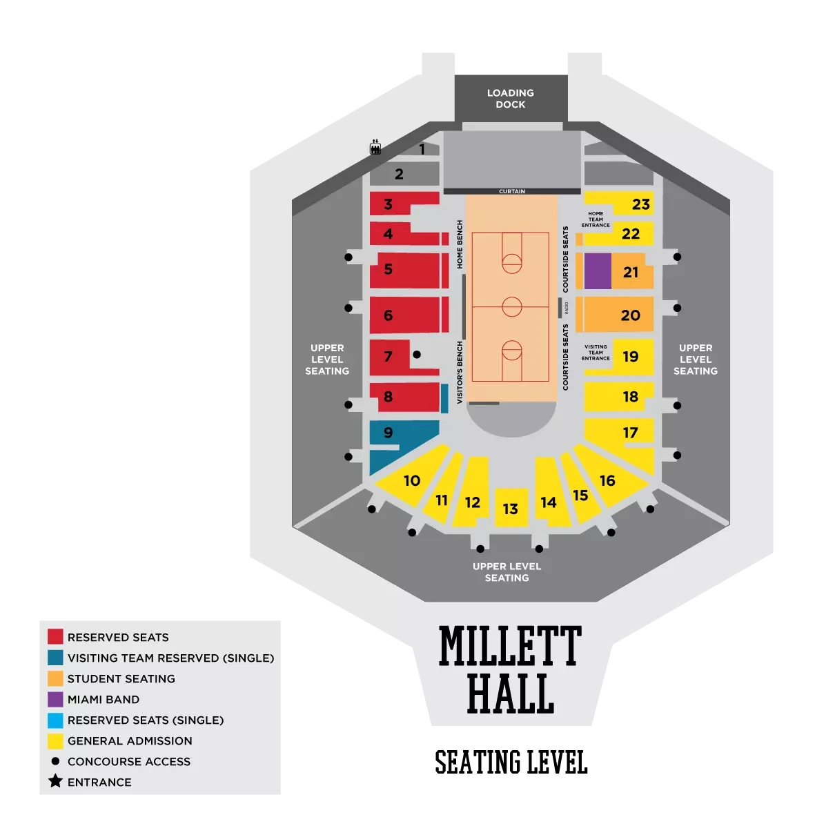 Millett Hall: Seating chart, Basketball seating level; 2017 edition. Use the source chart for section and row details.