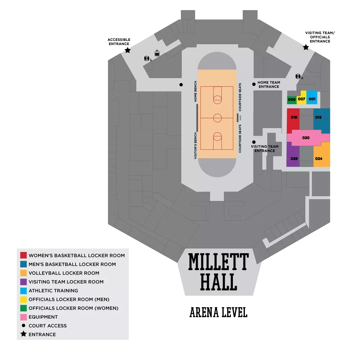 Millett Hall: Venue layout, Arena level and accessible entry; 2017 edition. Use the original map for routes and visitor facilities.