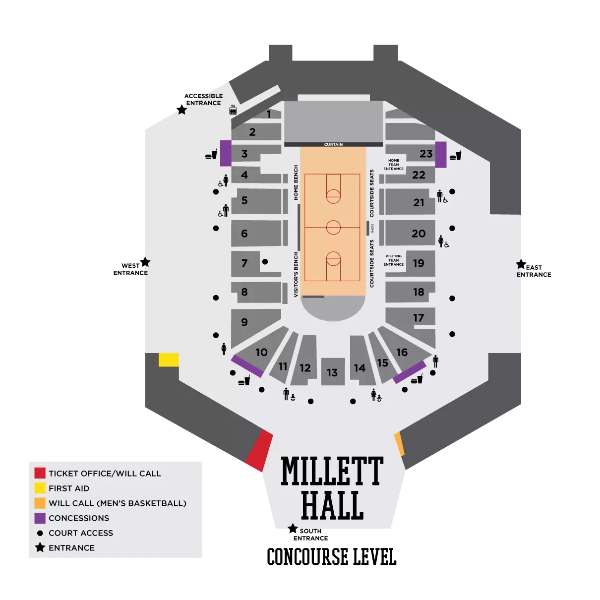 Millett Hall: Venue layout, Concourse services and entrances; 2017 edition. Use the original map for routes and visitor facilities.