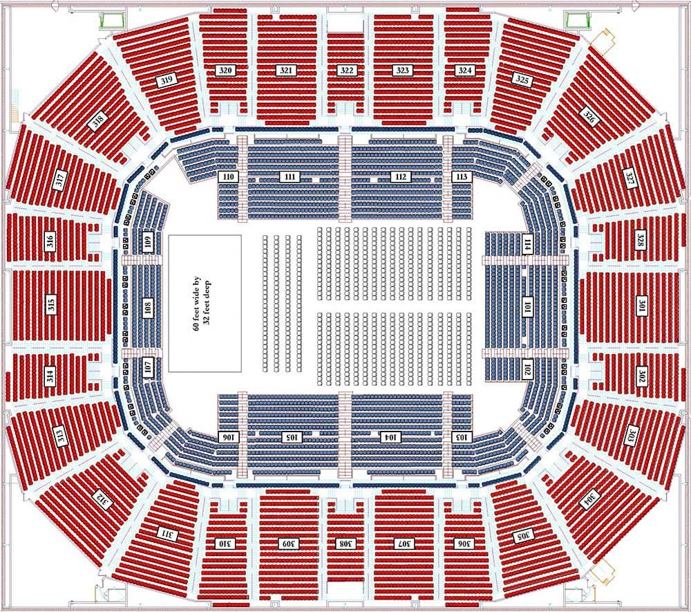 Mitchell Center: Seating chart, End-stage concert sections. Use the source chart for section and row details.