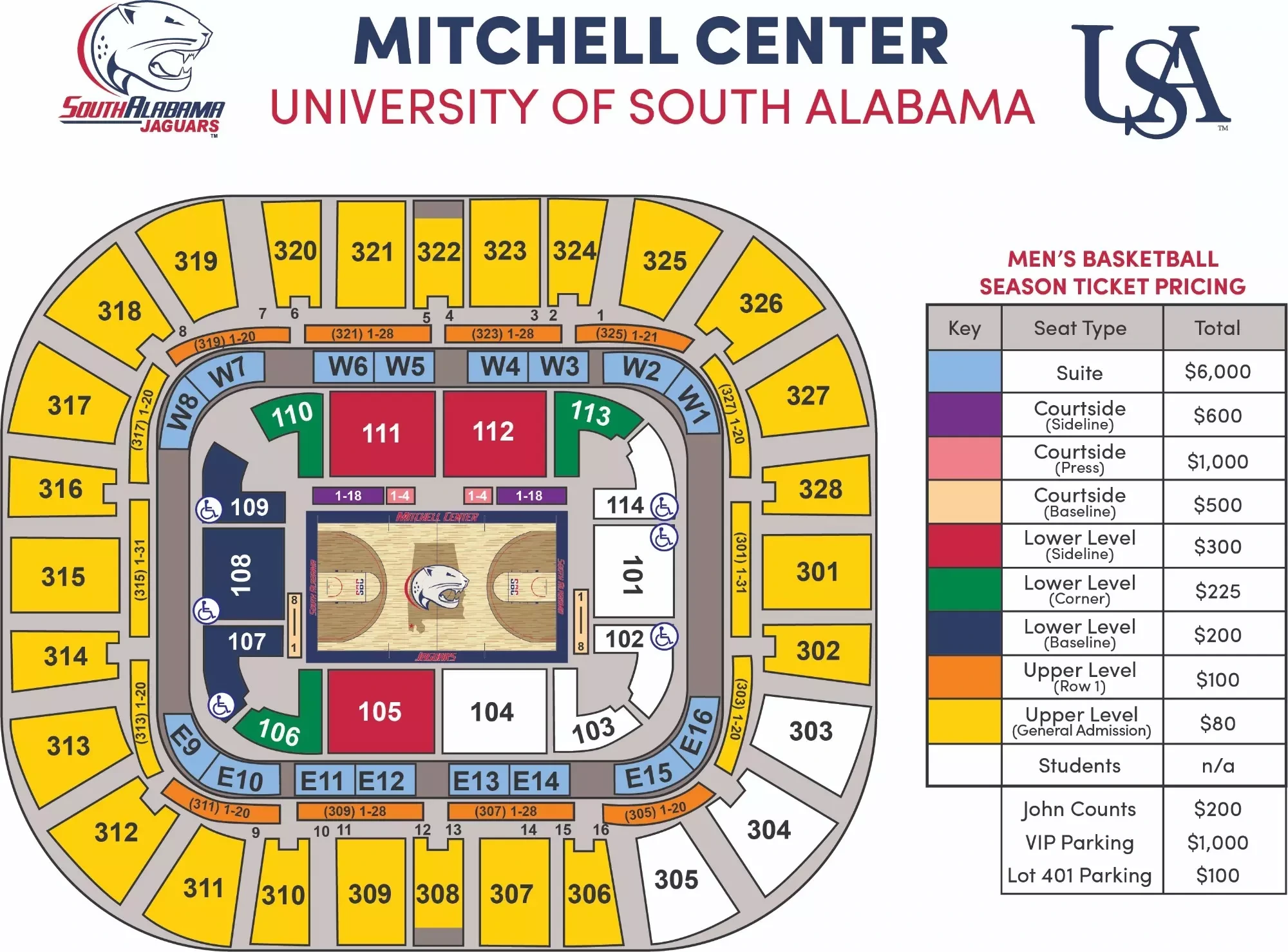 Mitchell Center: Seating chart, Men’s basketball · 2026–27. Use the source chart for section and row details.