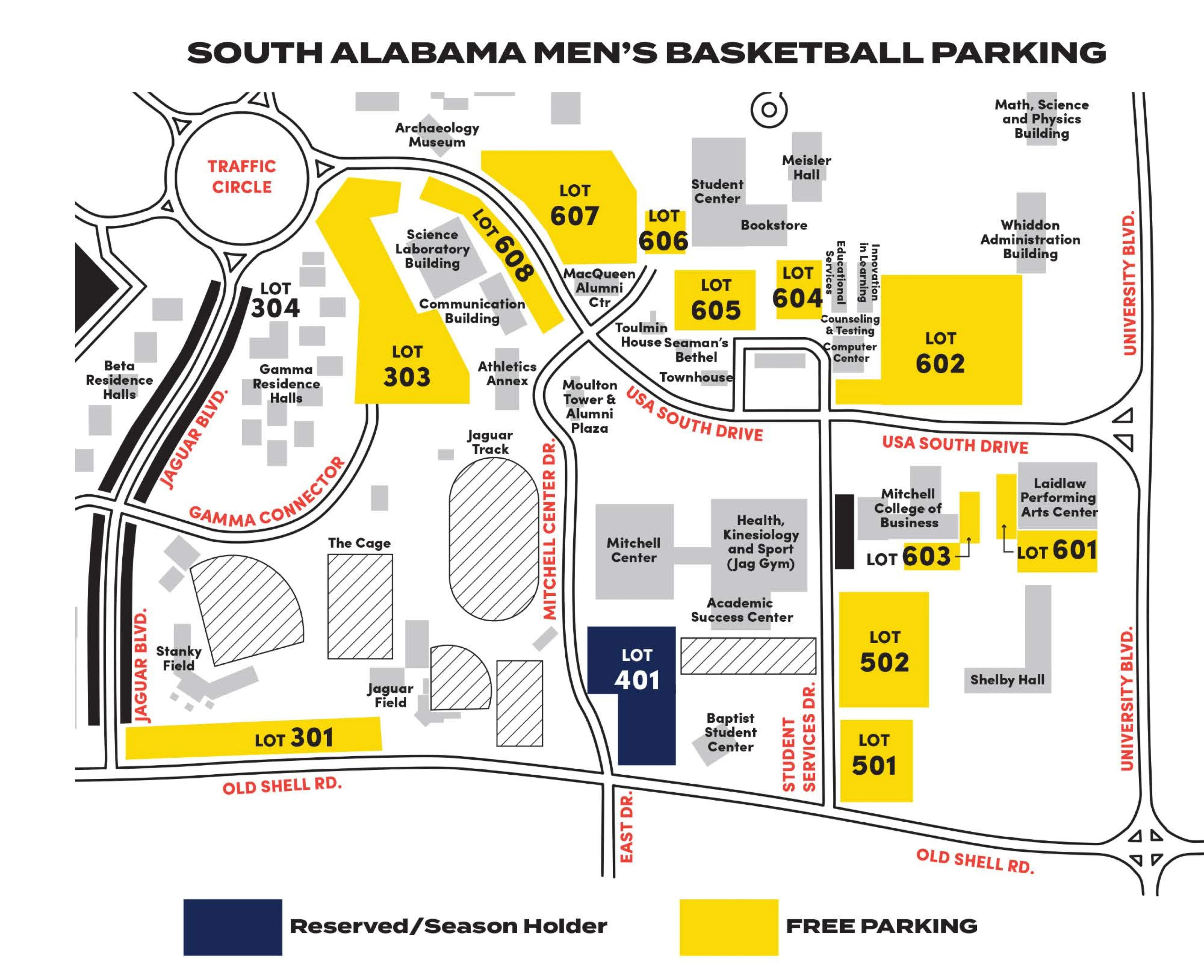 Mitchell Center: Venue layout, Men’s basketball parking · linked August 2026. Use the original map for routes and visitor facilities.