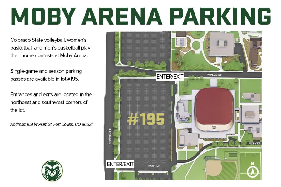 Moby Arena: Venue layout, 2022 parking reference · Moby Lot 195 and vehicle approaches. Use the original map for routes and visitor facilities.