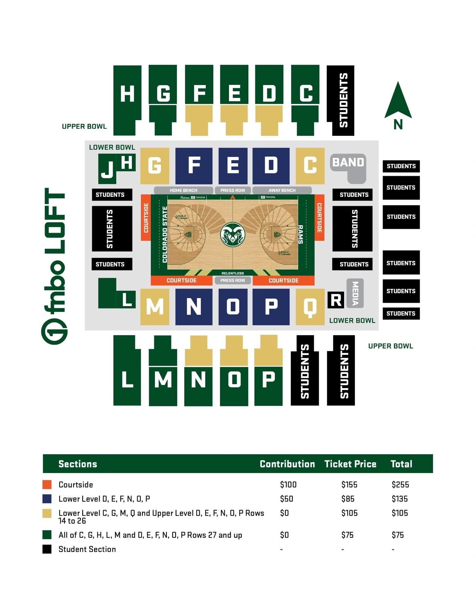 Moby Arena: Seating chart, 2026–27 women’s basketball · upper/lower sections and courtside. Use the source chart for section and row details.