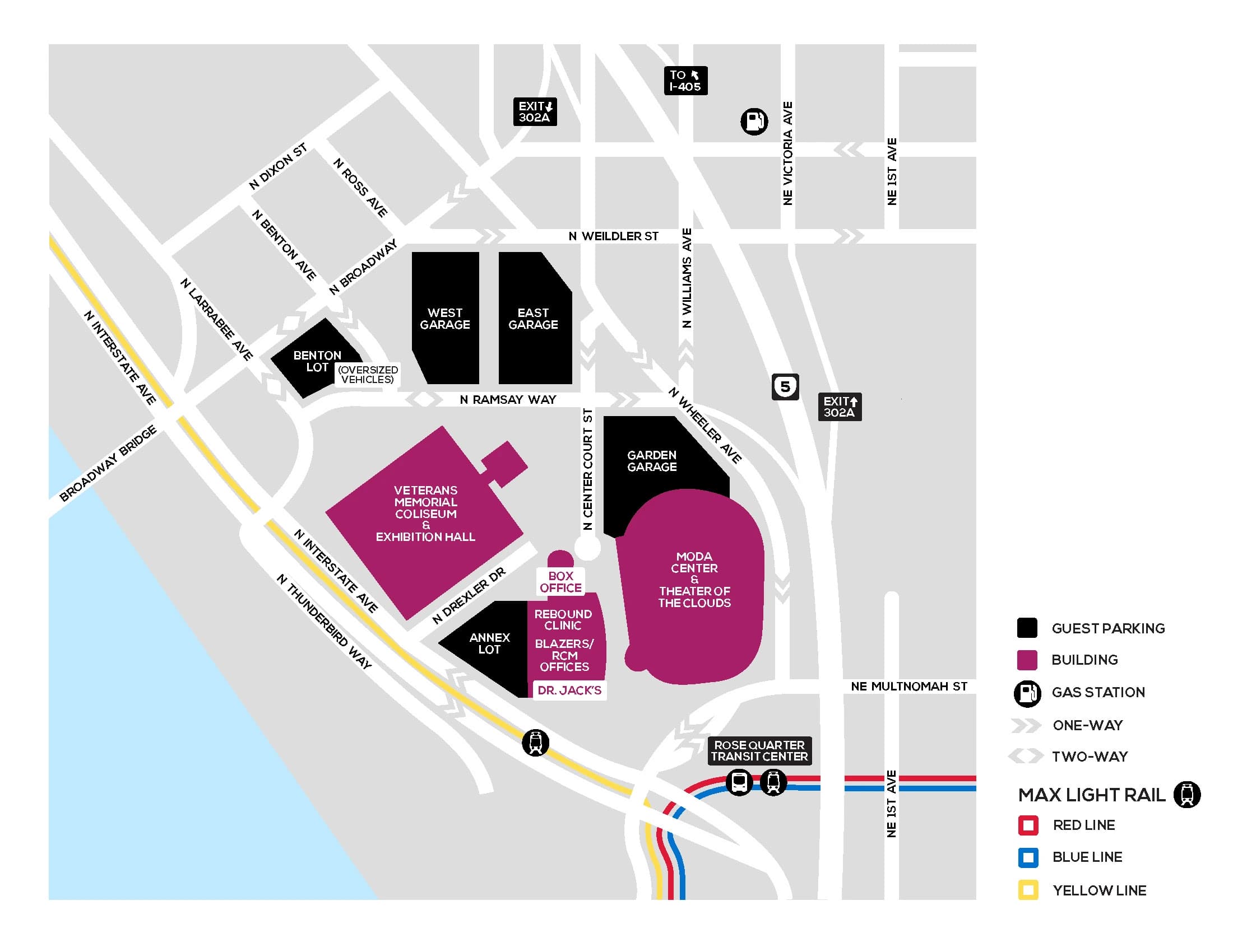 Moda Center: Venue layout, Rose Quarter — official parking orientation, 2022 source. Use the original map for routes and visitor facilities.