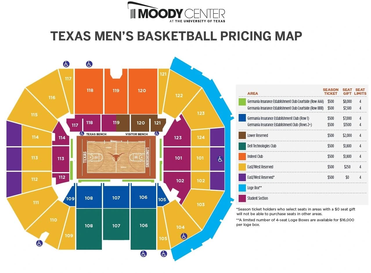 Moody Center: Seating chart, Texas Longhorns — men's basketball · 2026–27. Use the source chart for section and row details.