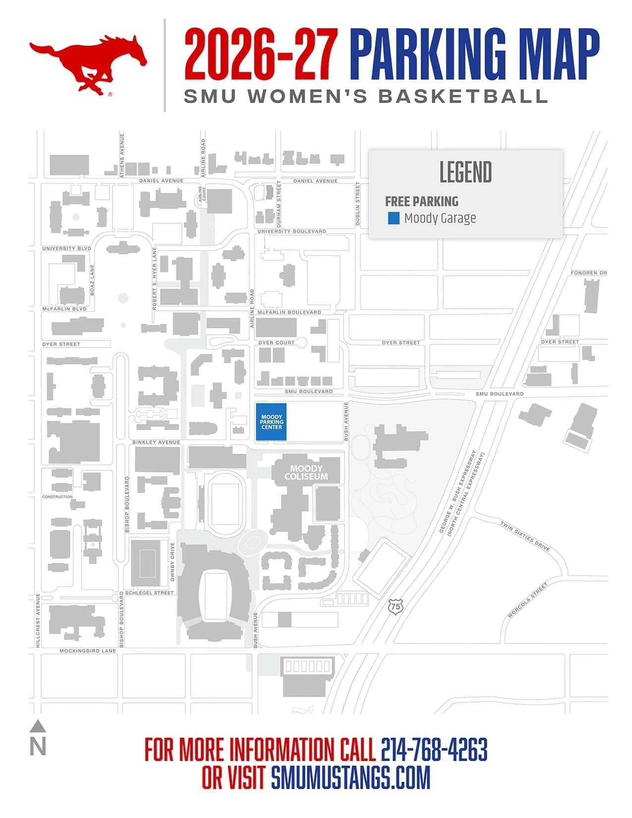 Moody Coliseum: Venue layout, Moody Coliseum — 2026–27 women’s basketball parking. Use the original map for routes and visitor facilities.