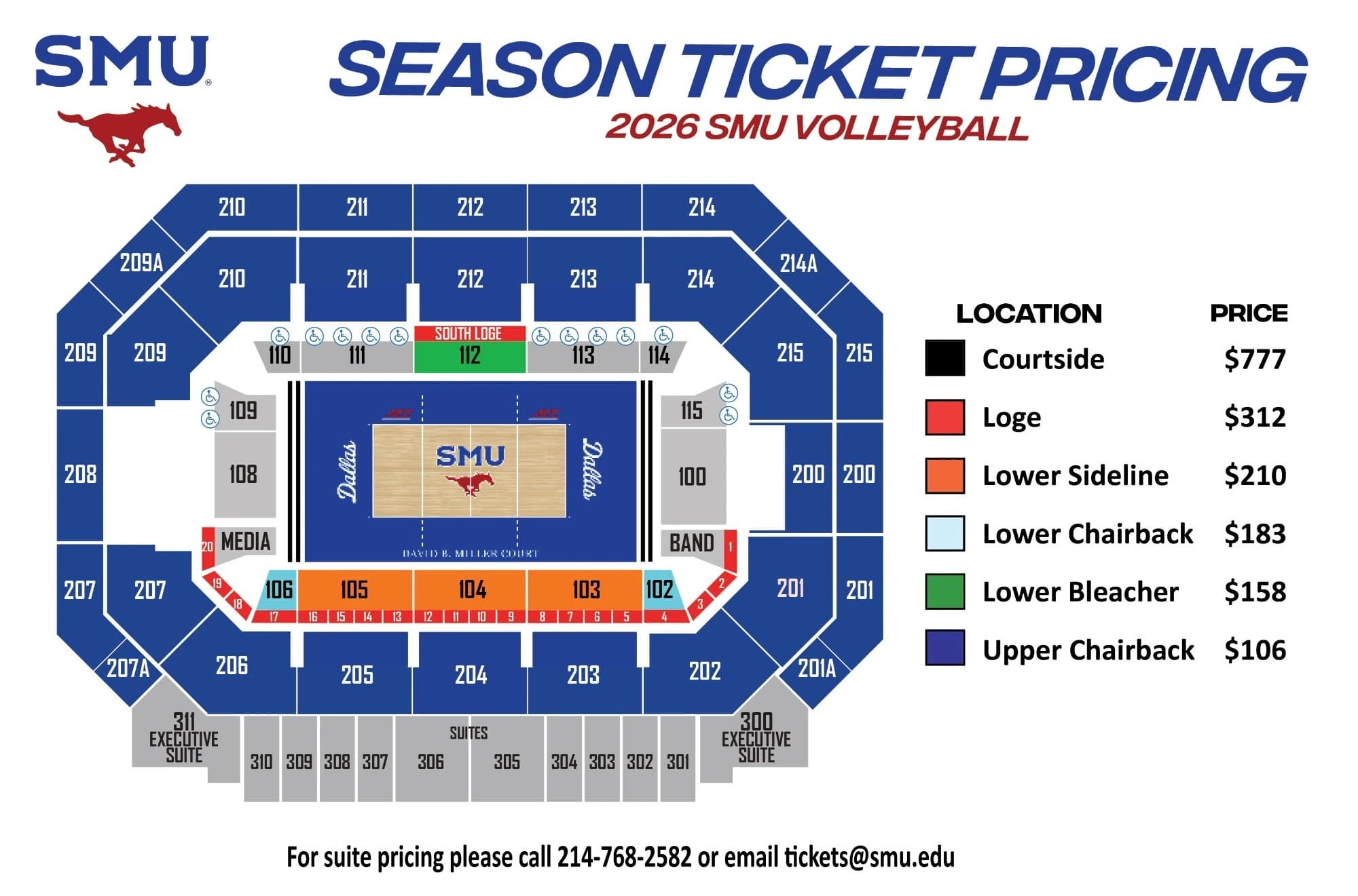 Moody Coliseum: Seating chart, Moody Coliseum — 2026 volleyball sections. Use the source chart for section and row details.