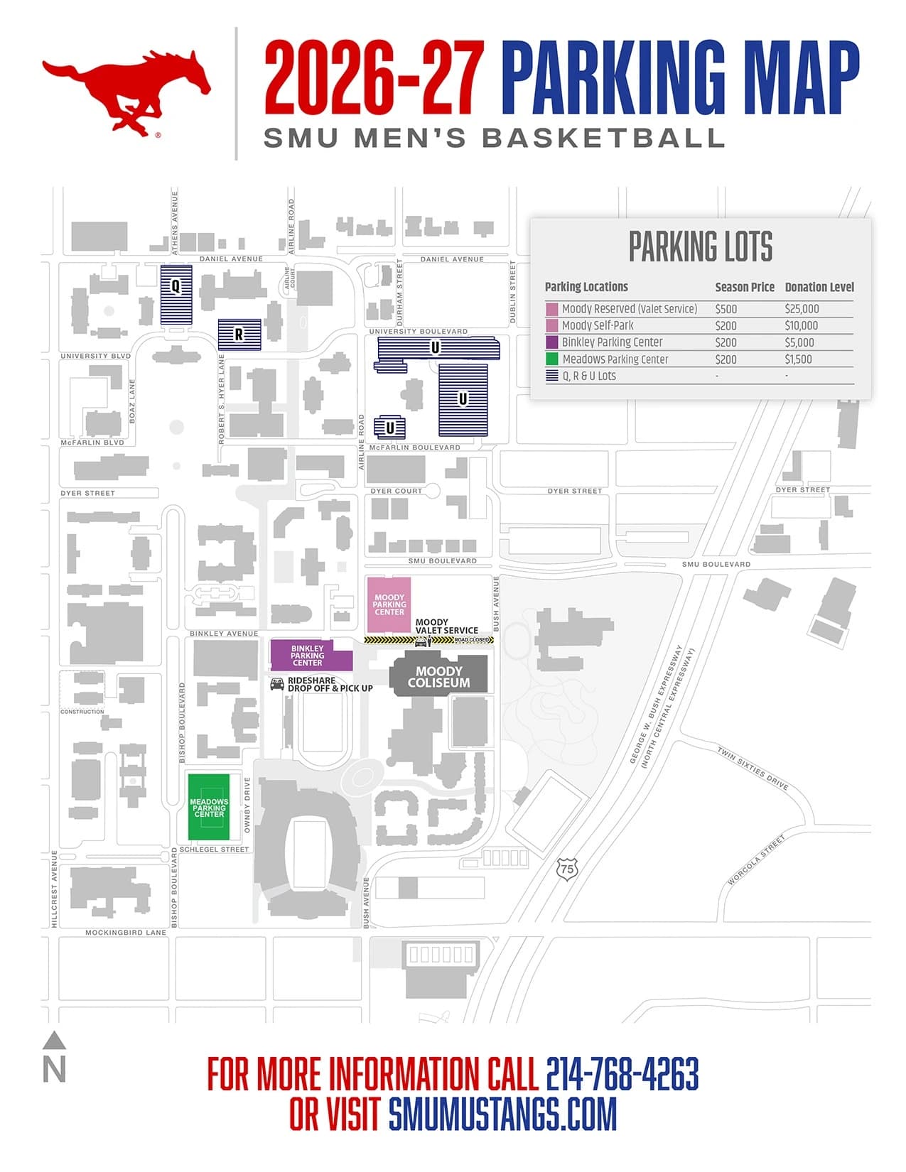 Moody Coliseum: Venue layout, Moody Coliseum — 2026–27 men’s basketball parking. Use the original map for routes and visitor facilities.