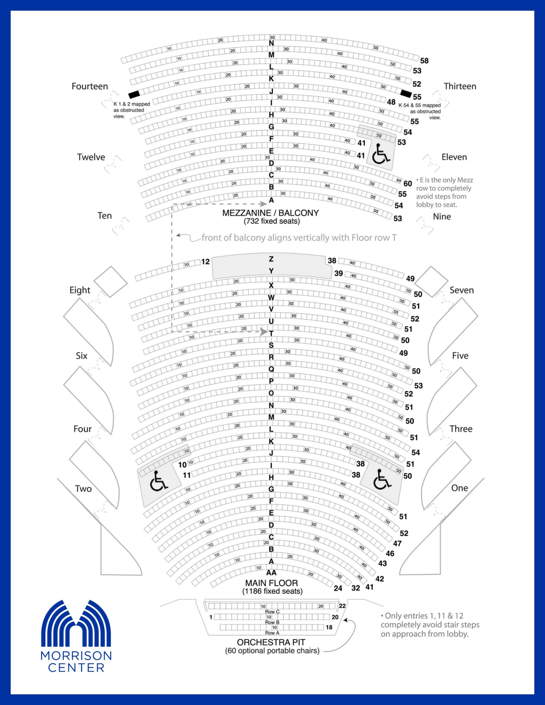 Morrison Center for the Performing Arts: Seating chart, Theatre. Use the source chart for section and row details.