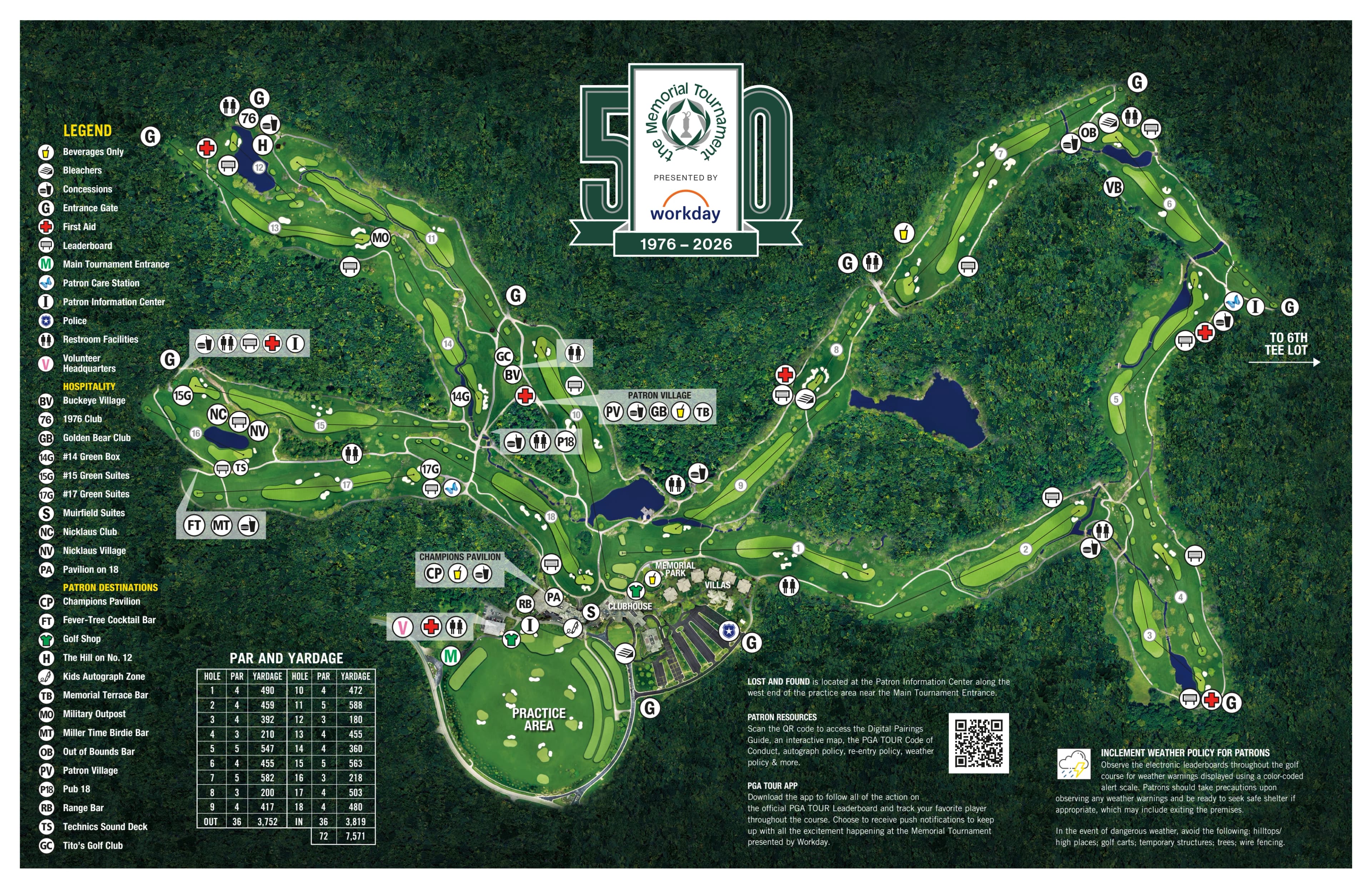 Muirfield Village Golf Club: Venue layout, 2026 Memorial 50th edition · full course and patron plan. Use the original map for routes and visitor facilities.
