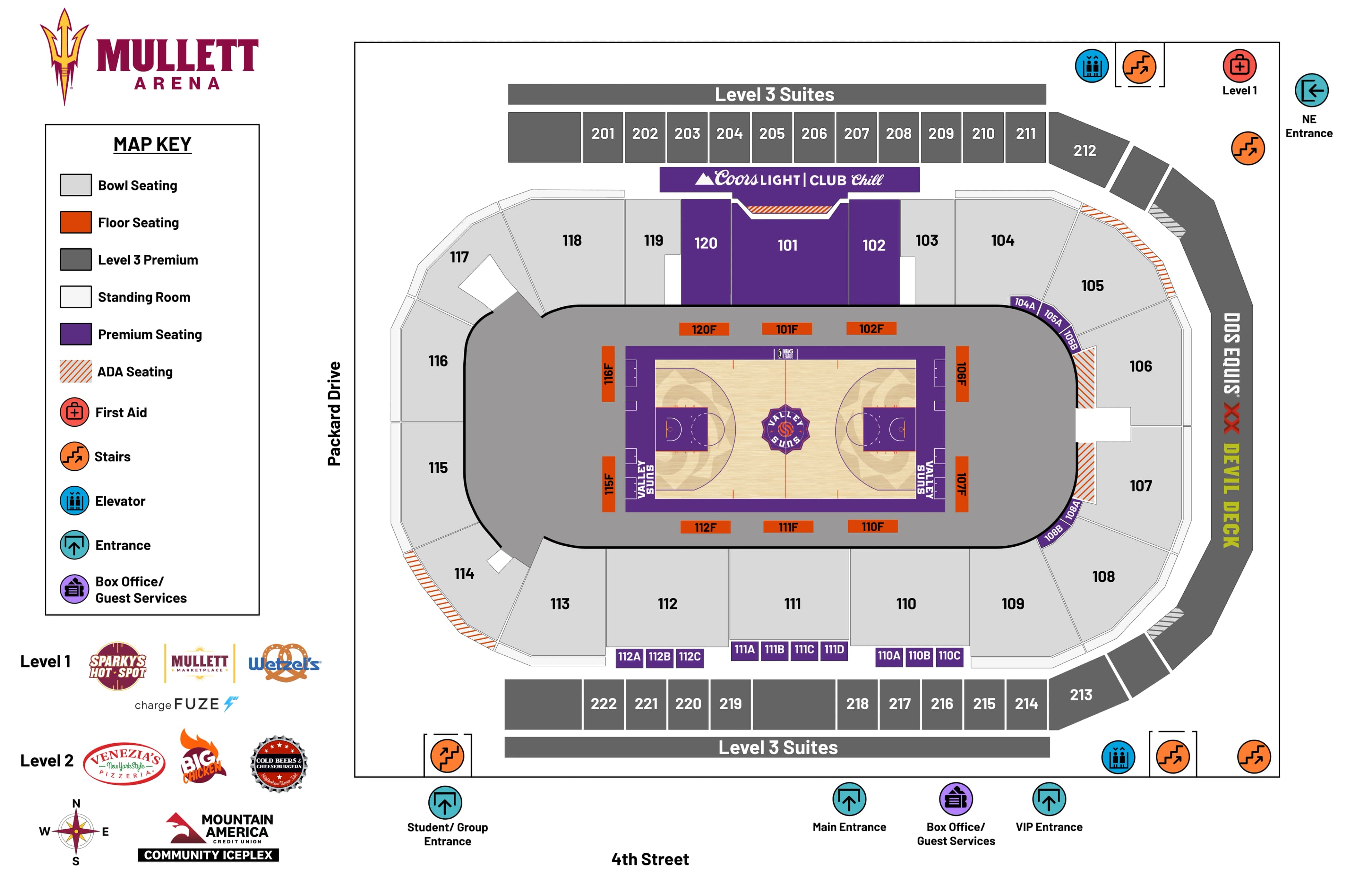 Mullett Arena: Seating chart, Mullett Arena — Valley Suns basketball. Use the source chart for section and row details.